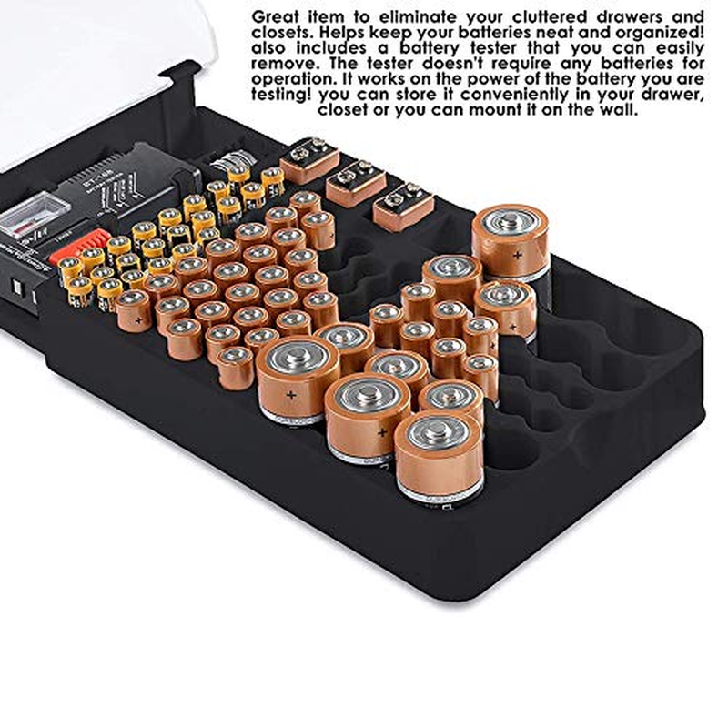 The Battery Storage Case,Organizer with Hinged Clear Cover, with Battery Tester, Holds 93 Batteries Various Sizes, Black image number 1