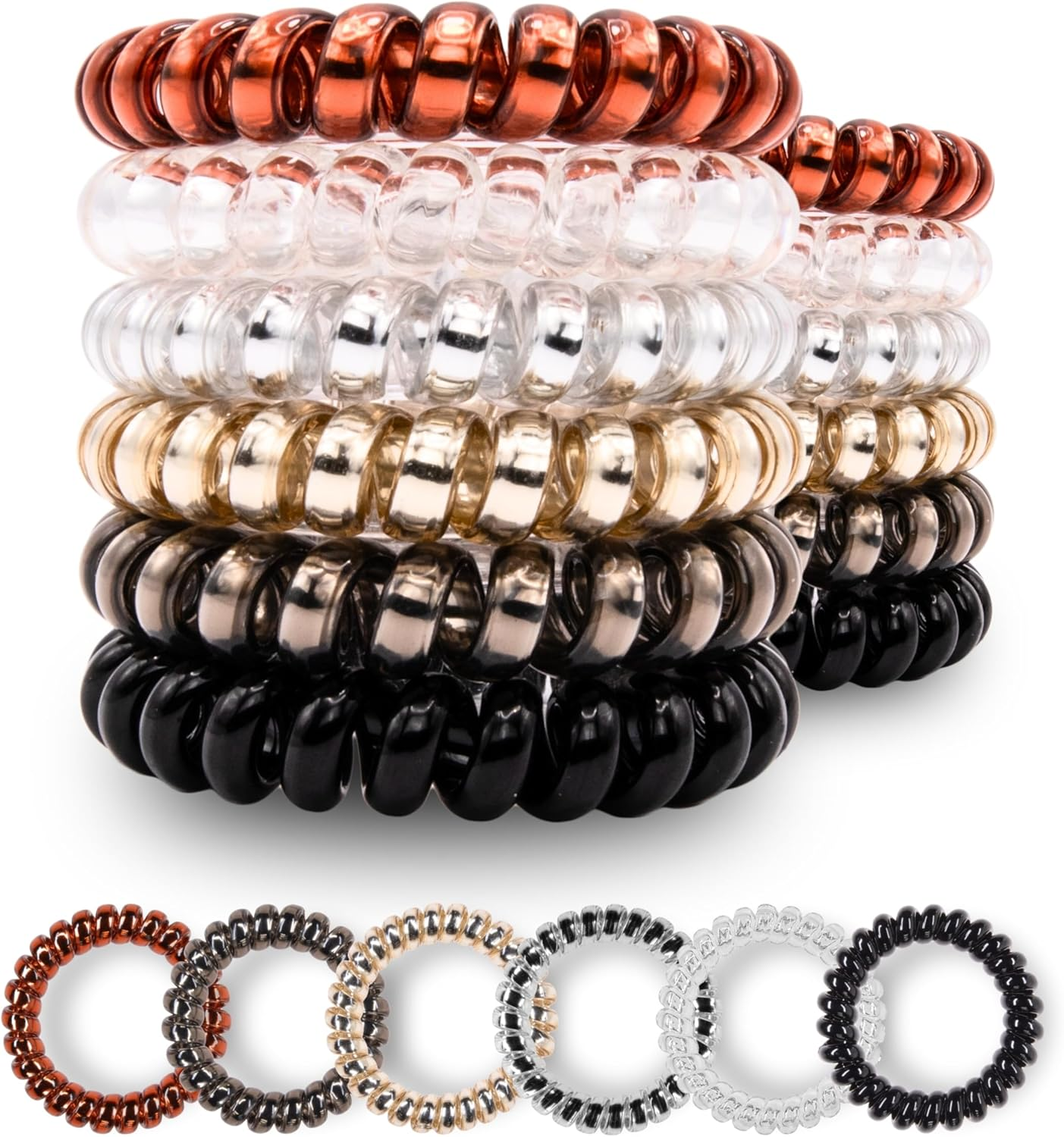 Specora - Spiral Hair Scrunchies Pack of 12-5 Cm TPU - 6 Colours Each 2 Pieces Black | Transparent | Anthracite | Red/Brown | Gold | Silver image number 1