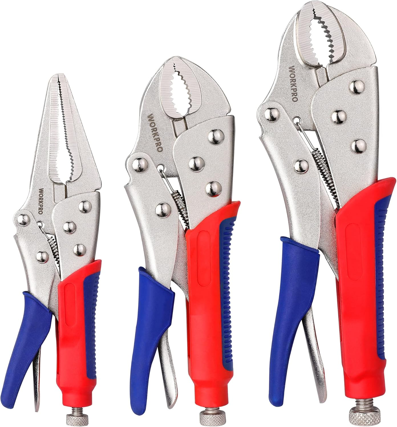 WORKPRO 3-Piece Locking Pliers Set, 10-Inch Curved Jaw, 7-Inch Curved Jaw and 6-1/2-Inch Straight Jaw
