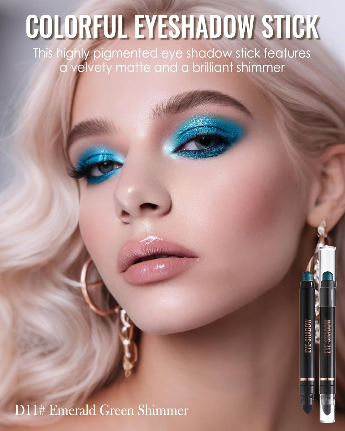 Emerald Green Glitter Eyeshadow Stick, Rotating Creamy Silky Eyeshadow Stick, Waterproof Long-Lasting, Shimmer Eyeshadow Pencil Crayon with Smudger, Highly Pigmented Eye Makeup for Wrinkle Free D11 image number 3