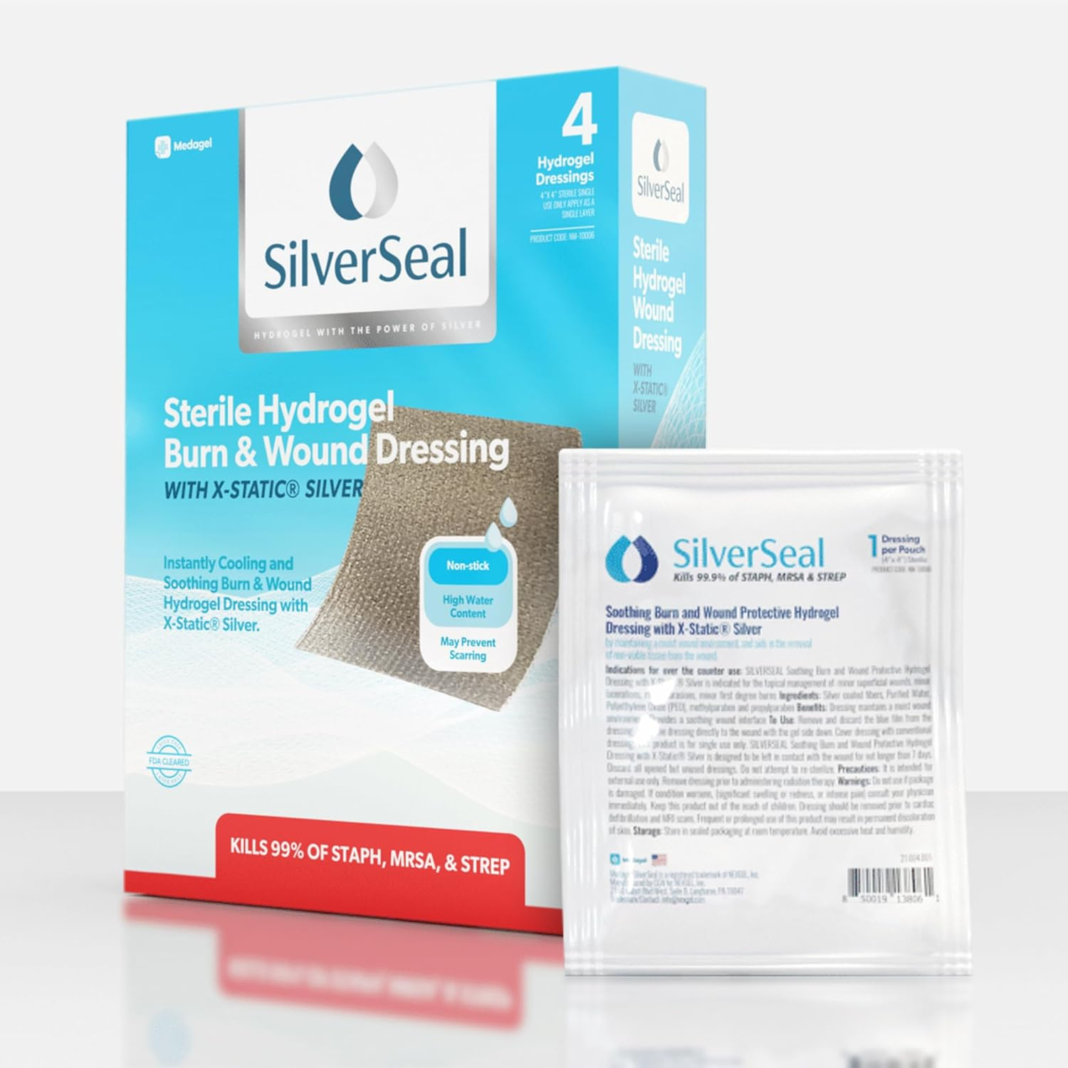 Silverseal Burn and Wound Dressing | Hydrogel Pads with X-Static Silver | Soothing, Moist & Protective | Burns, Cuts & Wounds | 4 Sterile Dressings image number 3