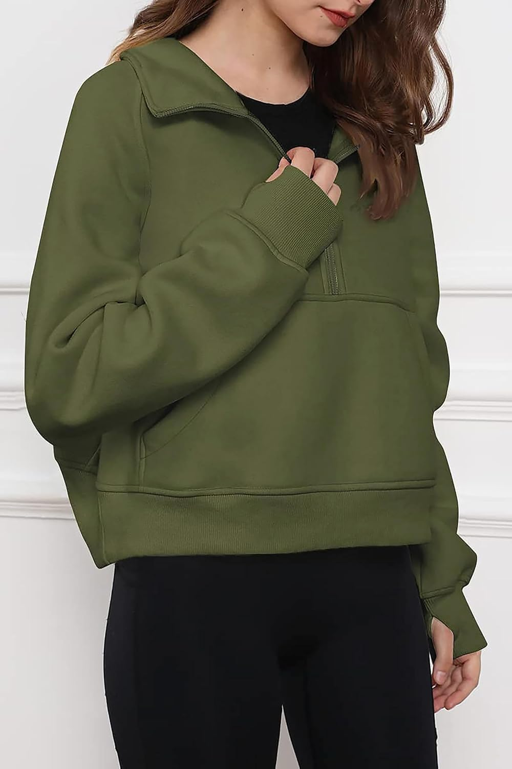Oyamiki Womens Sweatshirts Oversized Half Zip Workout Tops Cropped Fleece Lined Comfy Pullover Clothes with Thumb Hole Hoodless image number 5