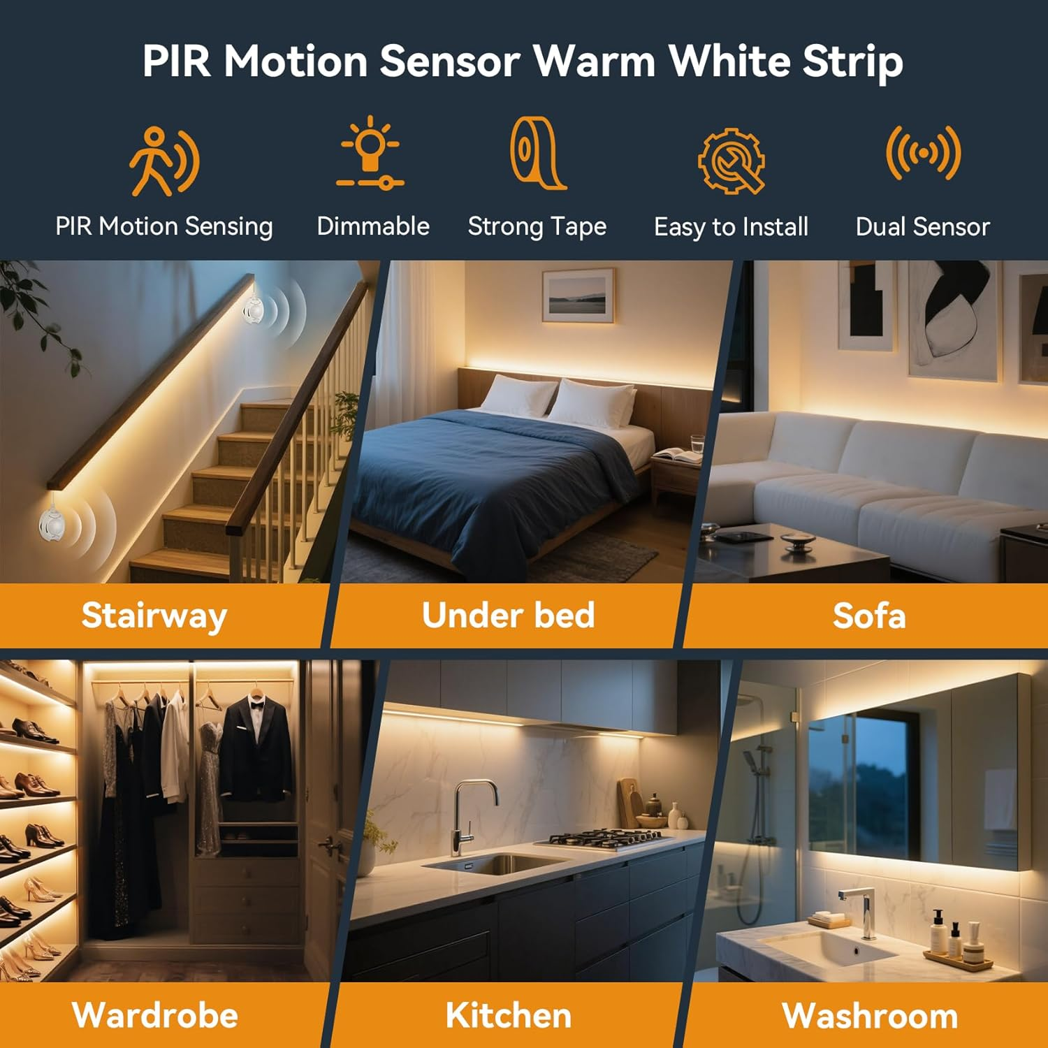 Taormey LED Strip Motion Sensor 6 M, Dual Control LED Bed Light with PIR Motion Sensor, Motion Activated Warm White LED Strip for Bedroom, Bedside, Stairs, Cupboard, Hallway image number 5