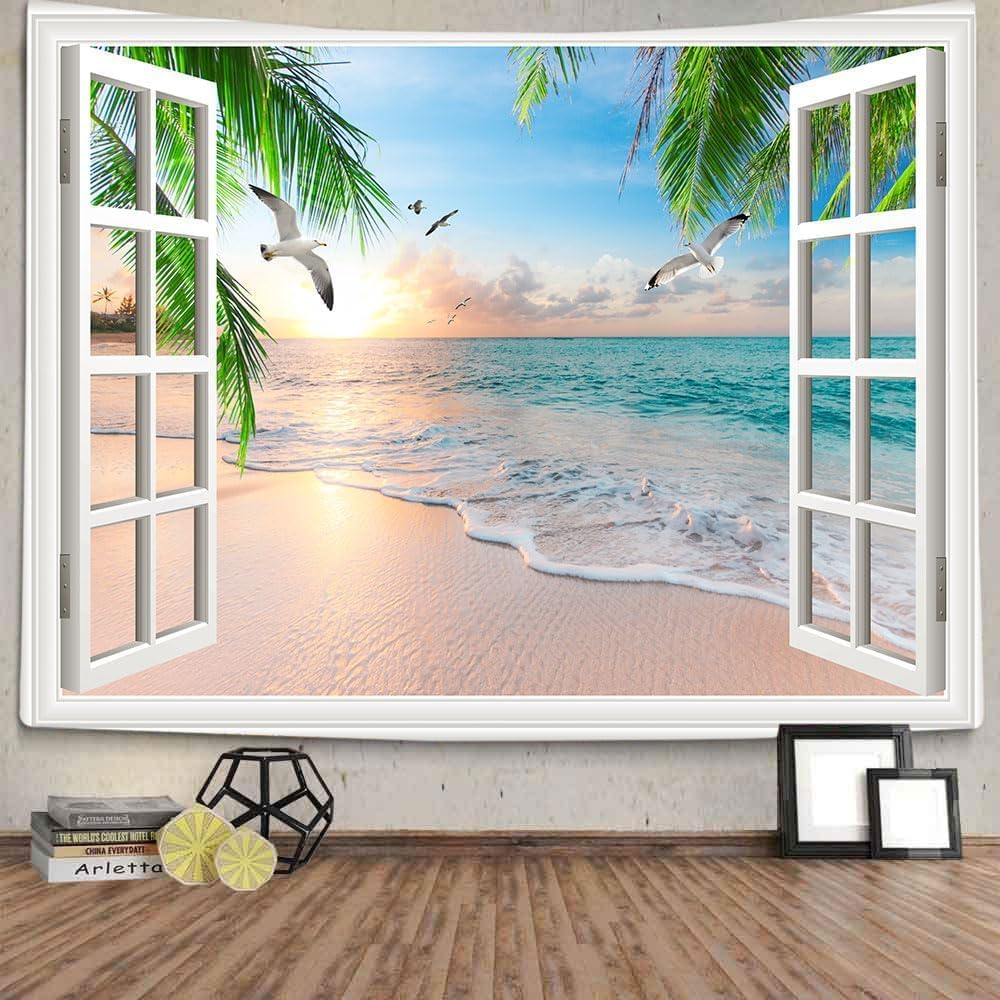 Xiaoput Nature Landscape Tapestry, Cozy outside of Window Tropical Palm Tree Beach Sea Mew Sunset Scenery Tapestry Wall Hanging, Colorful Bedroom Living Room Dorm Decor 40X30 In
