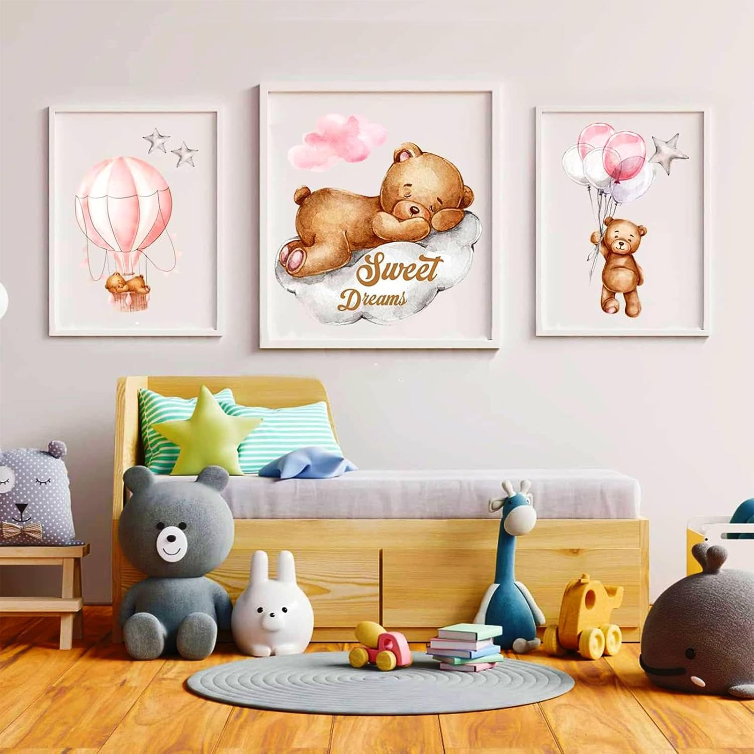POILKMNI Tedy Bear Sleeping on the Moon and Stars Wall Stickers for Kids Baby Room Decor Sweet Dream Hot Air Balloon Star Nursery Shower Interior Kid Bedroom Playroom Decals (Pink) - Pink image number 3