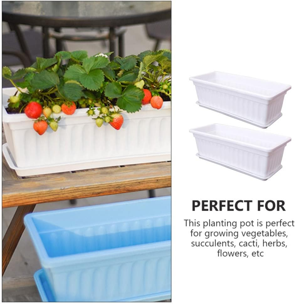 Happyyami Flower Window Box - 2Pcs Vegetable Planters - Rectangular - Long Pots with Trays - Rectangular Flower Pot White image number 6