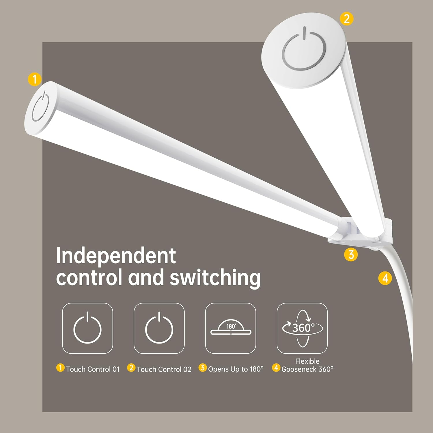 Dual LED Light Bar Floor Lamp, 59Cm Long 180&deg; Wide-Angle Stand Lamp, Independent Dual-Head Control Reading Light, 4 Brightness Levels, Floor Lamps for Living Room with 360&deg; Flexible Gooseneck (White) image number 2