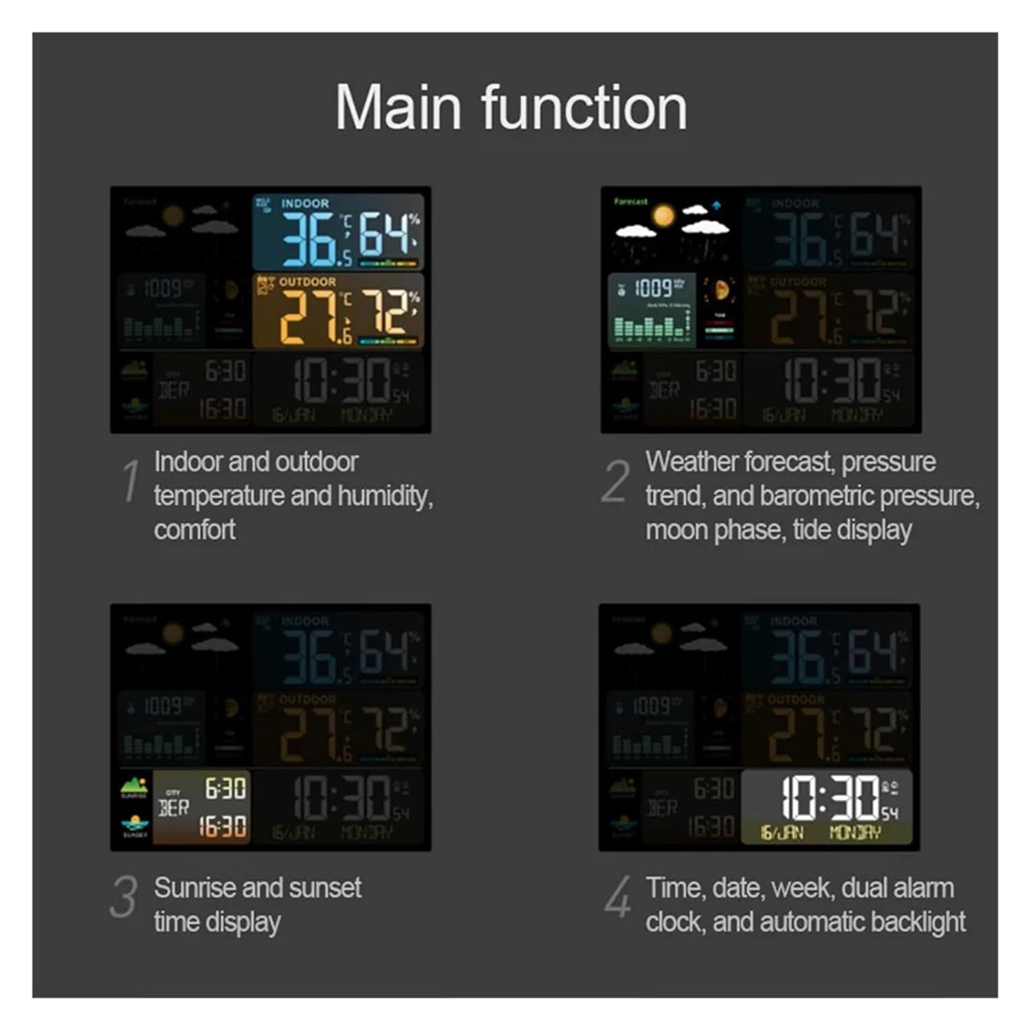 Large Wireless Weather Station Digital Alarm Clock with Outdoor Sensor Multifunction Electronic Desk