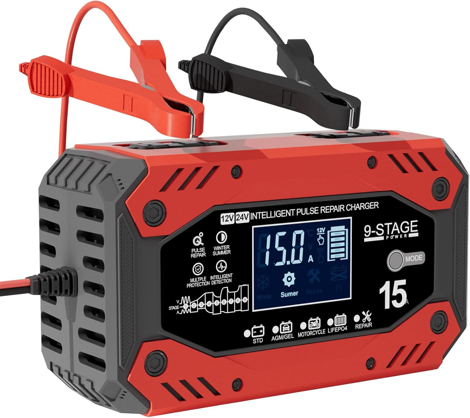 B-Qtech Car Battery Charger 15-Amp 12V/24V, Smart Trickle Charger for Car, Battery Maintainer Trickle Charger, Automotive Battery Charger with Temperature Compensation for Truck Motorcycle Lawn Mower