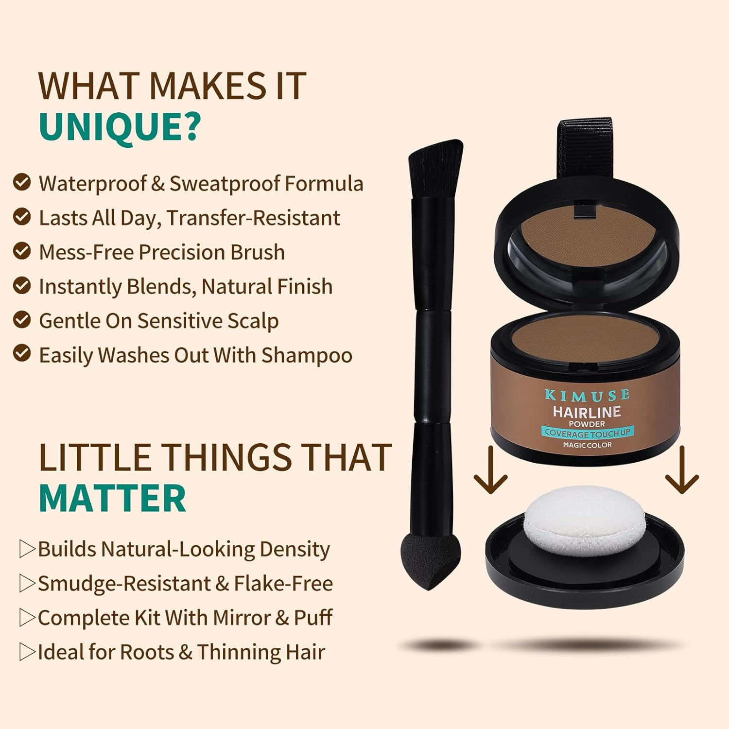 KIMUSE Hairline Powder, Root Touch up Hair Color, Instantly Conceals Hair Loss, Bald Spot Thin Hair Powder with Dual-Ended Hairline Brush for Women and Men, Transfer-Proof & Sweat-Proof (Medium Brown) - Dark Brown image number 4