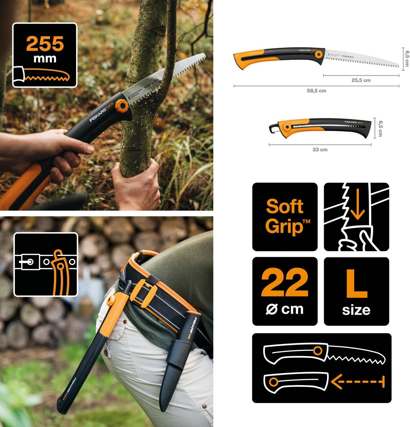 Fiskars Large Hand Saw for Fresh Wood, Coarse Toothing, Saw Blade Length: 25.5 Cm, Retractable, Stainless Steel, Black/Orange, Xtract, SW75, 1000614 image number 5