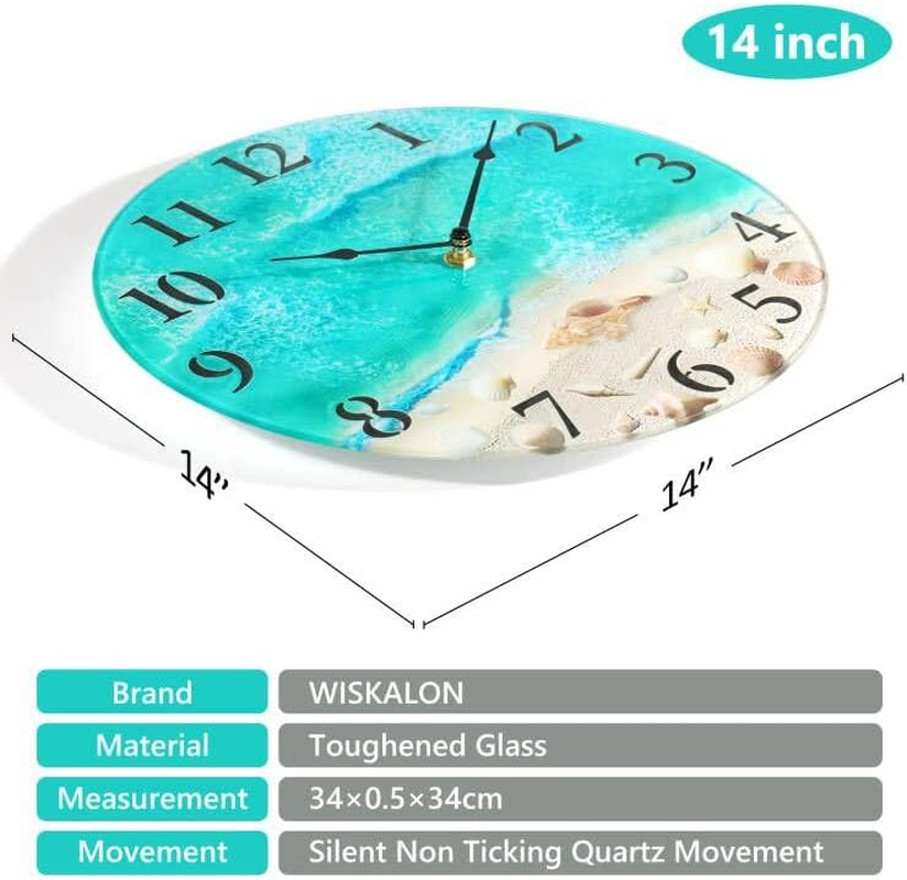 Coastal Nautical Glass Wall Clock with Seashell Design and Aesthetic Beach Theme - Battery Operated Silent Wall Decor for Home, Kitchen, Living Room, Office, Bedroom, or Bathroom (14 Inch,Teal) image number 4
