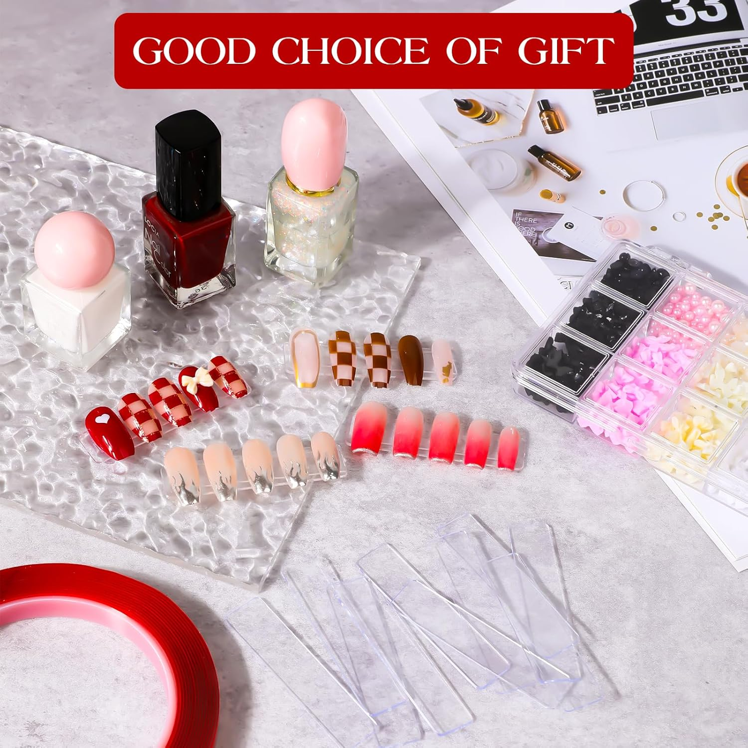 100Pieces Transparent Nail Display Stand Holder with 9.8Ft Double Sided Tape Nail Boxes Packaging for Press on Nail Art Acrylic Fake Nail Tips Display Stand with Removable Mounting Tape for Nail Salon