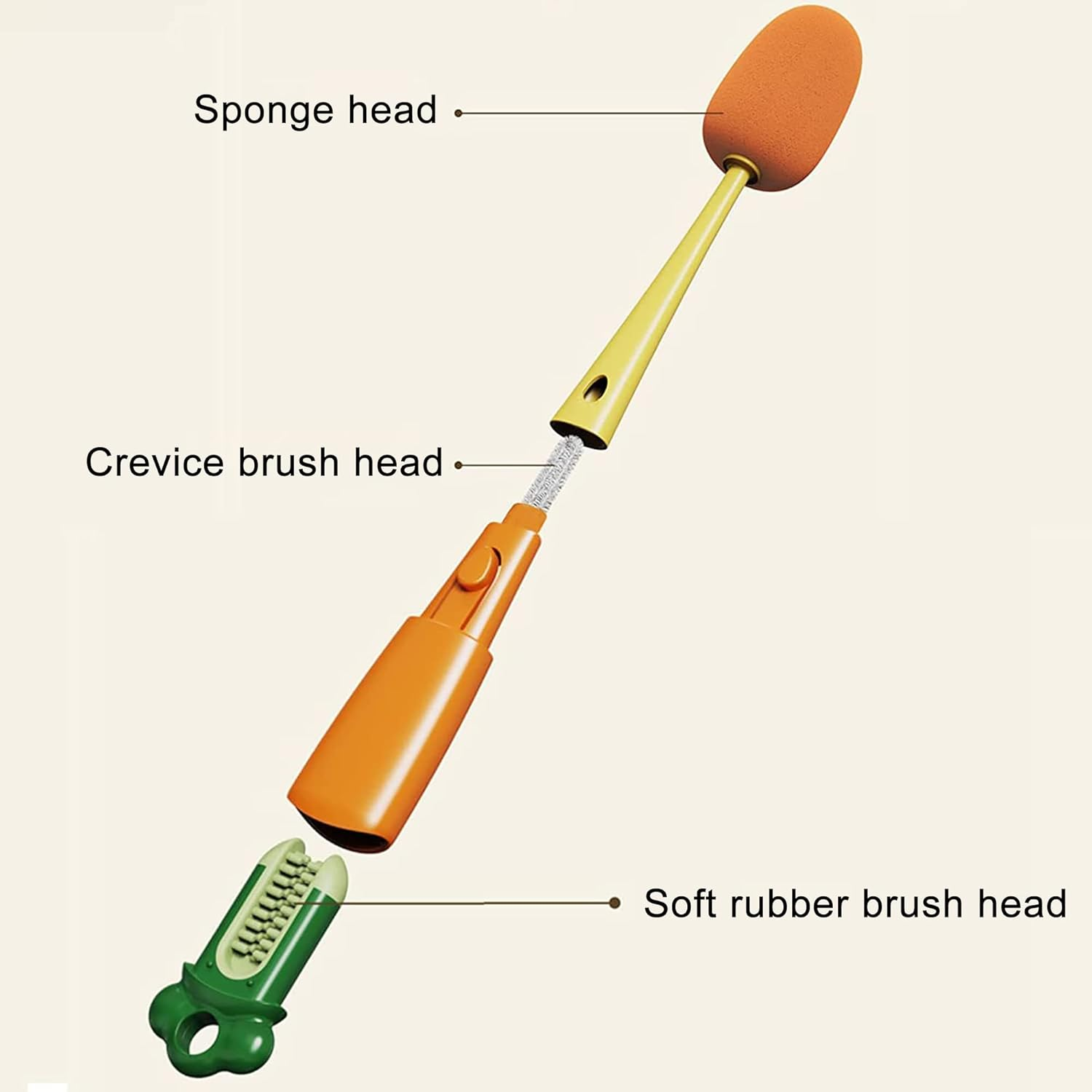 3-In-1 Multifunctional Cup Brush, Cleaning Brush in Carrot Shape, Sponge Brush Long Handle Bottle Cleaner Brush for Hydroflasks, Insulated Bottle, Vase, Narrow Neck Containers (2 Orange) - Green image number 4