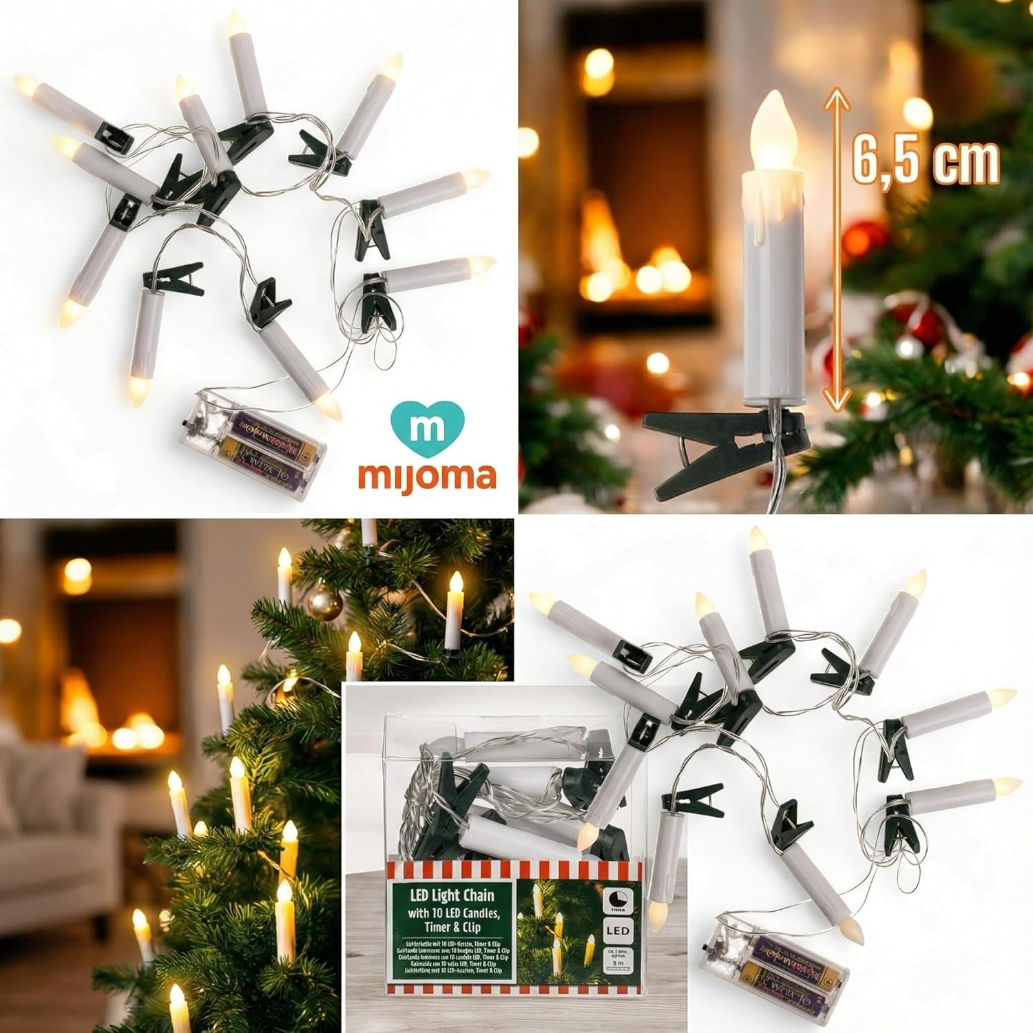 MIJOMA LED Fairy Lights with 10 Candles and Clips, 3 M Length, Battery Operated, 6/18 Timer - Flexible and Ideal for Christmas Decoration image number 4
