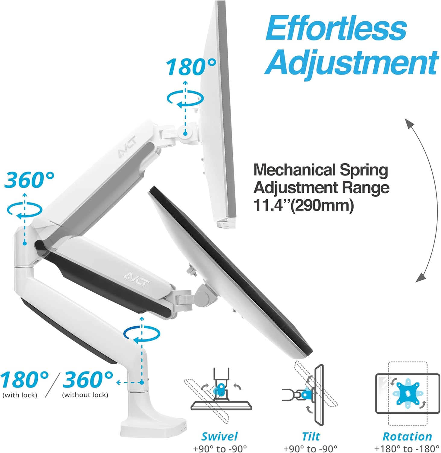 AVLT Single Monitor Arm Desk Mount for 17"-45" Ultrawide Screens, Full Motion Adjustable Height, Swivel, Tilt, Rotation, VESA Compatible with Cable Management (White)