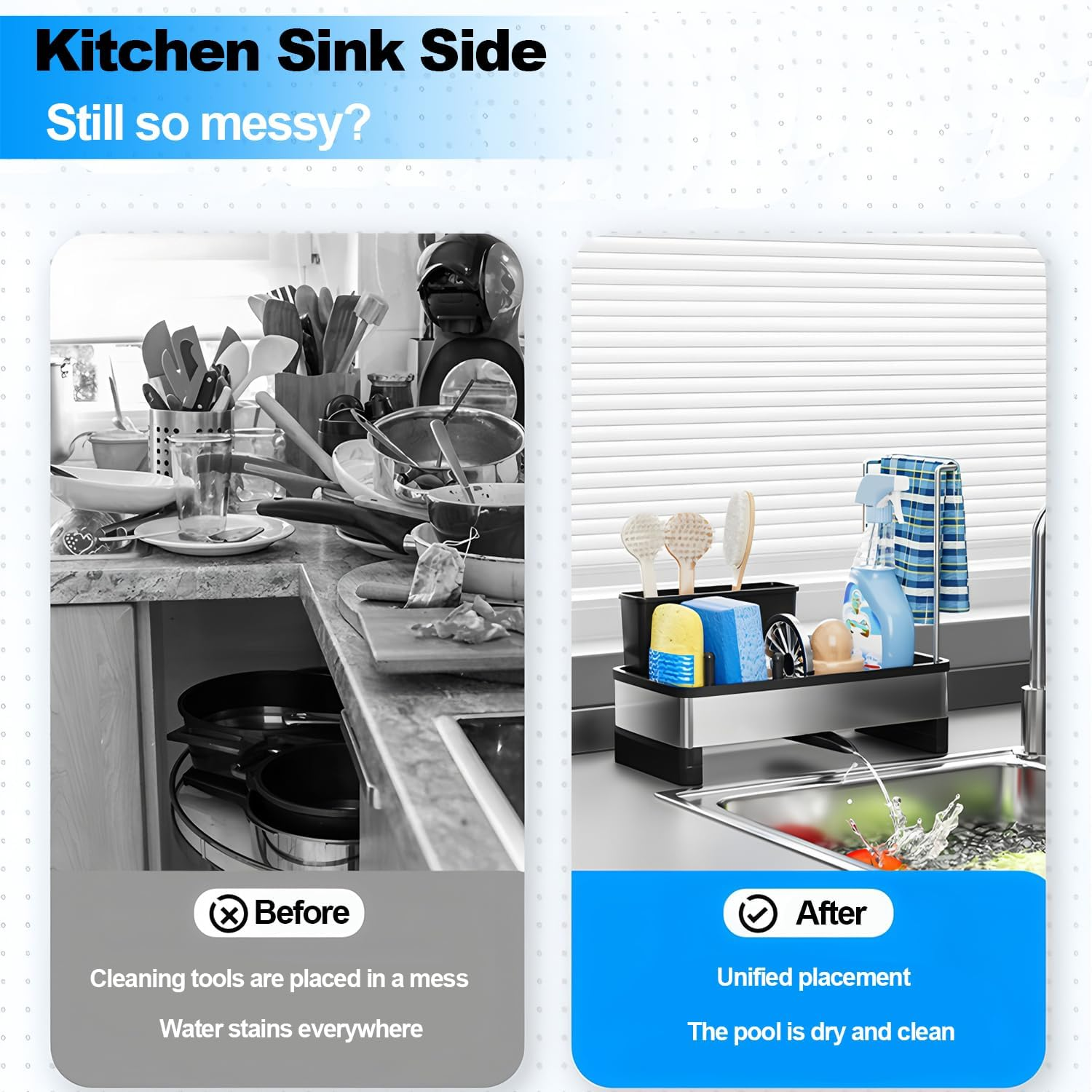 AIMANWEI Kitchen Sink Caddy Organiser,Sponge Holder for Kitchen Sink with Self Draining Tray,Rag Holder,Brush Holder,304 Stainless Steel,Soap Dispenser Storage Accessories for Storage image number 5