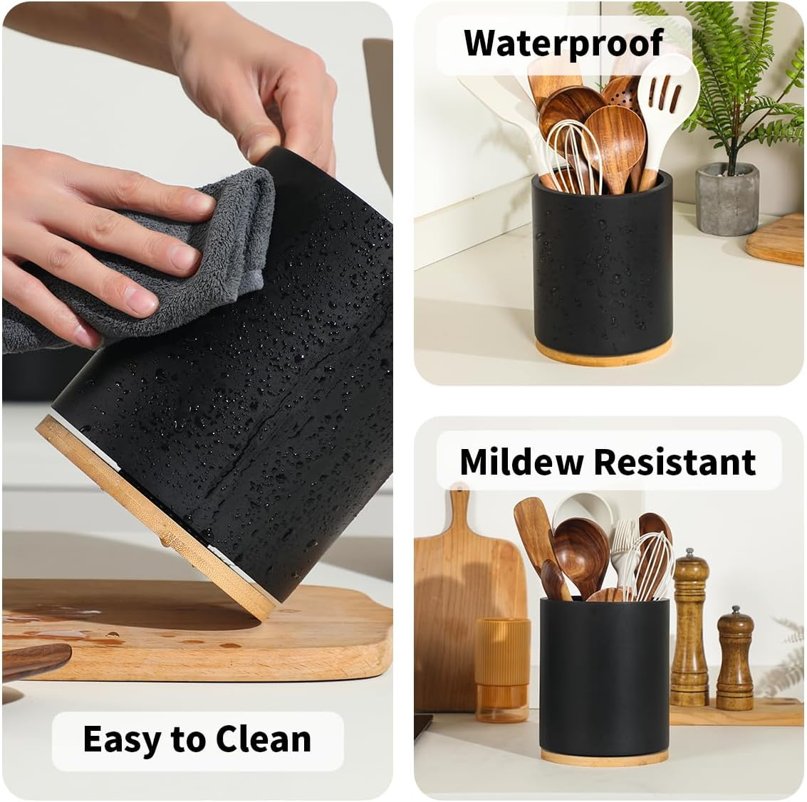 Wooden Utensil Holder, 360&deg;Rotating 7.3'' Large Kitchen Utensil Holder for Kitchen Counter, Kitchen Utensil Organizer, Utensil Crock, Farmhouse Kitchen Countertop Decor, Black Color image number 1