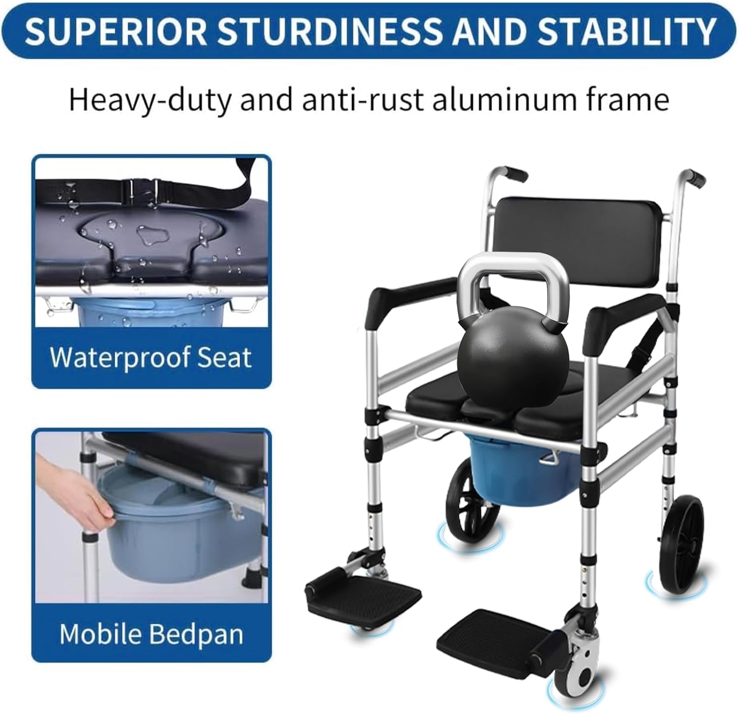 Rolling Shower Chair with Wheels for Elderly and Disabled, Foldable Wheelchair Lightweight Folding, Bedside Commode Chair with Arms for Toilet, Raised Toilet Seat Raiser with Handle for Senior