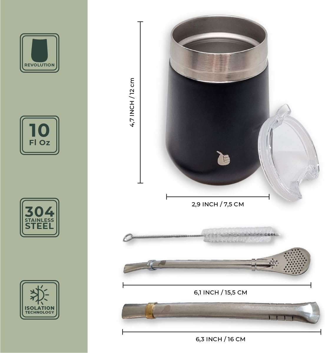 Gaucho-Market Yerba Mate Cup Gourd Double-Wall Insulated Vacuum Stainless Steel Mate Tea Cup Set with Lid, Includes Bombilla (Straw) and a Brush. (Revolution Black)&hellip;