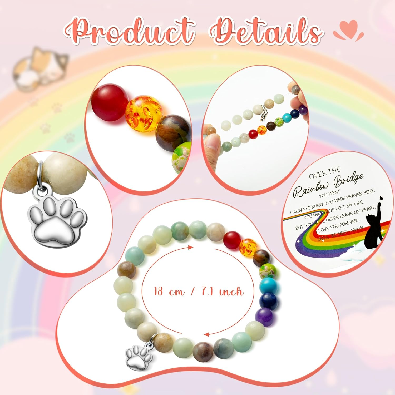 Cjiangpo Rainbow Bridge Cat Bracelets Memorial Gifts, Pet Bracelet with Cat Paw Charm Remembrance Cards Colorful Bracelet Cats Memorial Gift Loss of Pet Sympathy Jewelry Gifts for Cat Lovers Friends image number 2