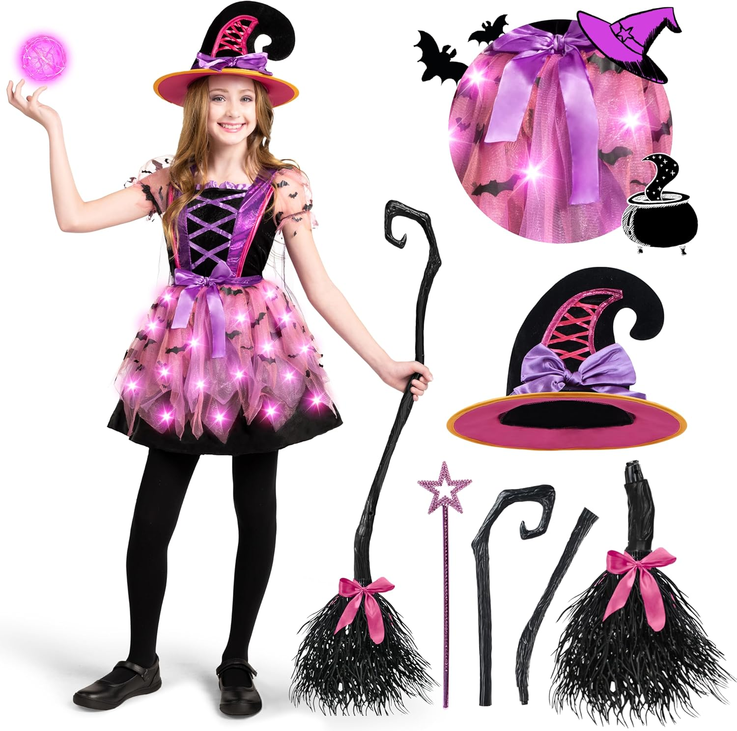 Spooktacular Creations Girls Light up Witch Costume, Kids Witch Costume with Hat and Broom for Toddler Halloween Dress Party