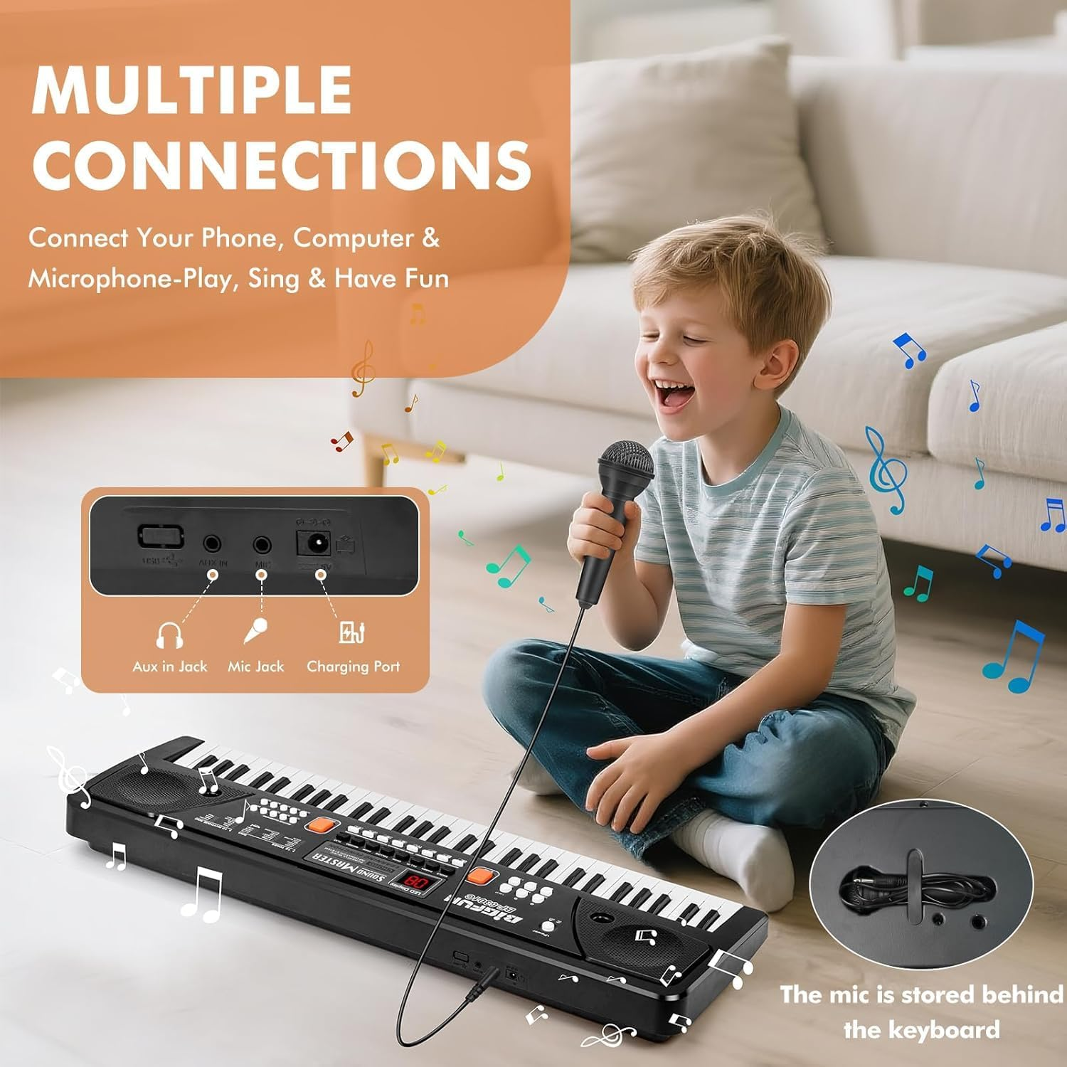 61-Key Kids Piano Keyboard for Beginners - Rechargeable Electronic Music Toy Piano with Music Stand Microphone LED Display AUX in - Birthday for 3-9 Year Old Boys Girls (Black) image number 4