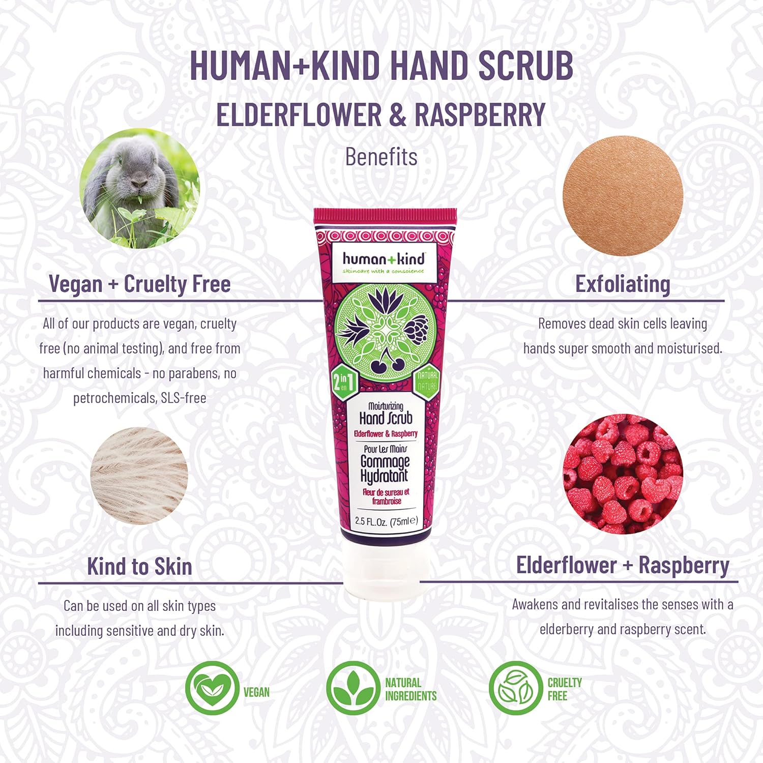 Human+Kind Moisturizing Hand Scrub - Exfoliating Scrubber for Soft, Smooth Hands - Gentle Repair for Dry, Cracked, Peeling Skin - Shea Butter, Dried Raspberry Seeds, and Hydrated Silica - 75 Ml