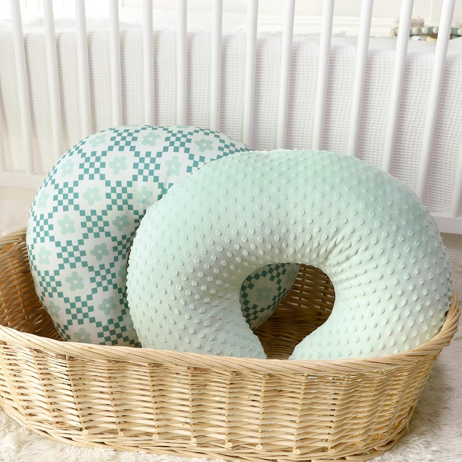 Pea Pod Nursing Pillow Cover 2 Pack, Removable Nursing Cover for Breastfeeding Pillows, Soft and Comfortable Pillow Slipcover for Baby Girls Boys Newborn, Green& Checkered