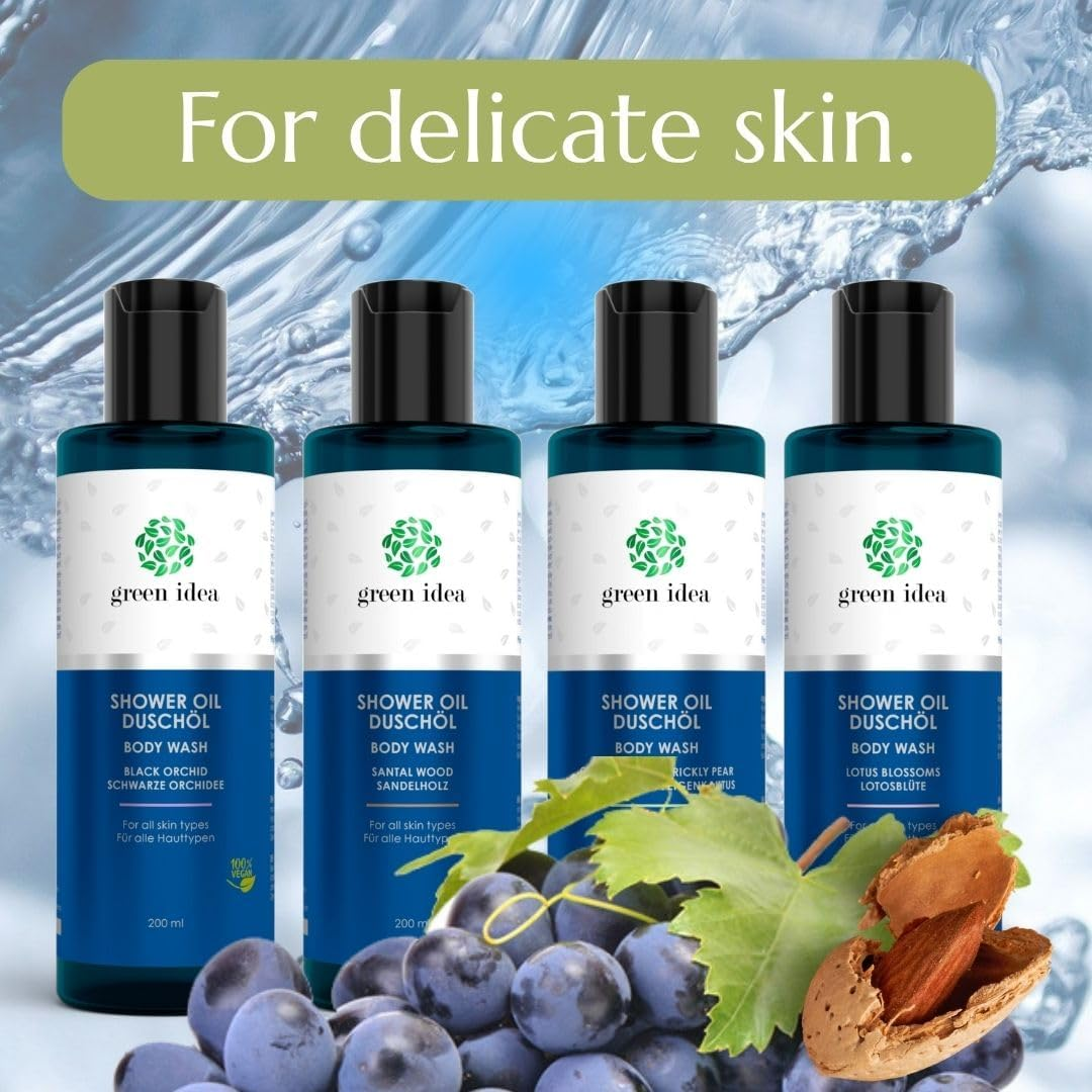 Green Idea - Shower Oil Lotus Flower | No Soap | Vegan | SLES Free | Gentle, for Sensitive Skin | Nourishing Grape Seed Oil | No Drying Out Sweetener | Free from Preservatives 200 Ml