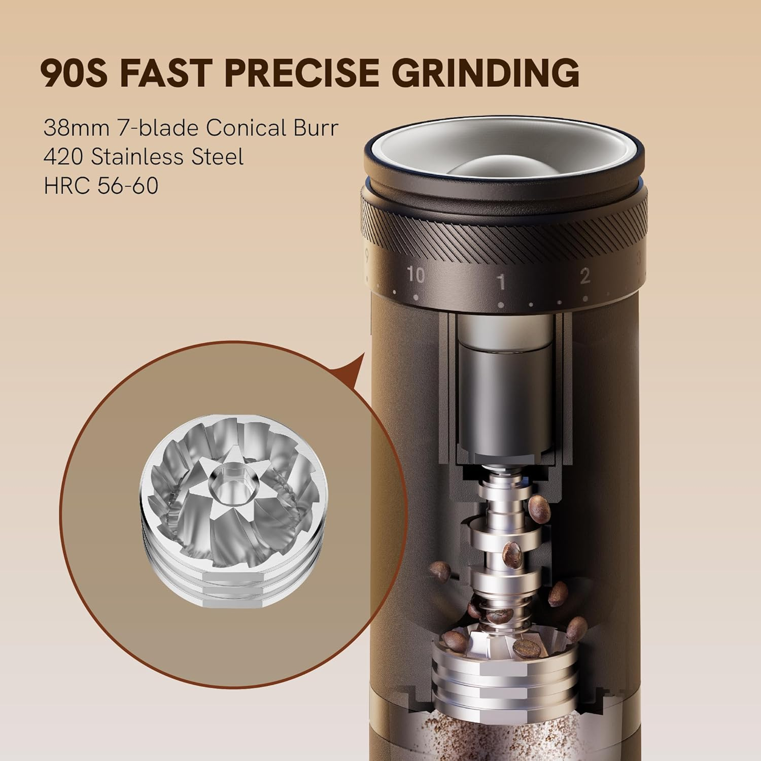 Outin Fino Portable Electric Coffee Grinder,Adjustable Coffee Bean Grinder with 28 Precise Grind Setting,One-Button Burr Coffee Grinder with Fast‑Charge Battery, Auto‑Stop & Clog‑Protection,Brown image number 4