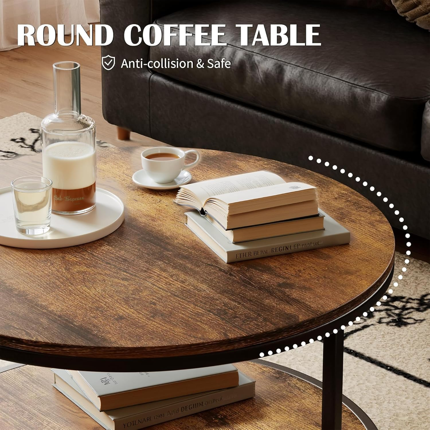 36Cm round Coffee Table with Storage, 2-Tier Small Space Living Room Furniture, Compact Centre Table, Brown image number 3