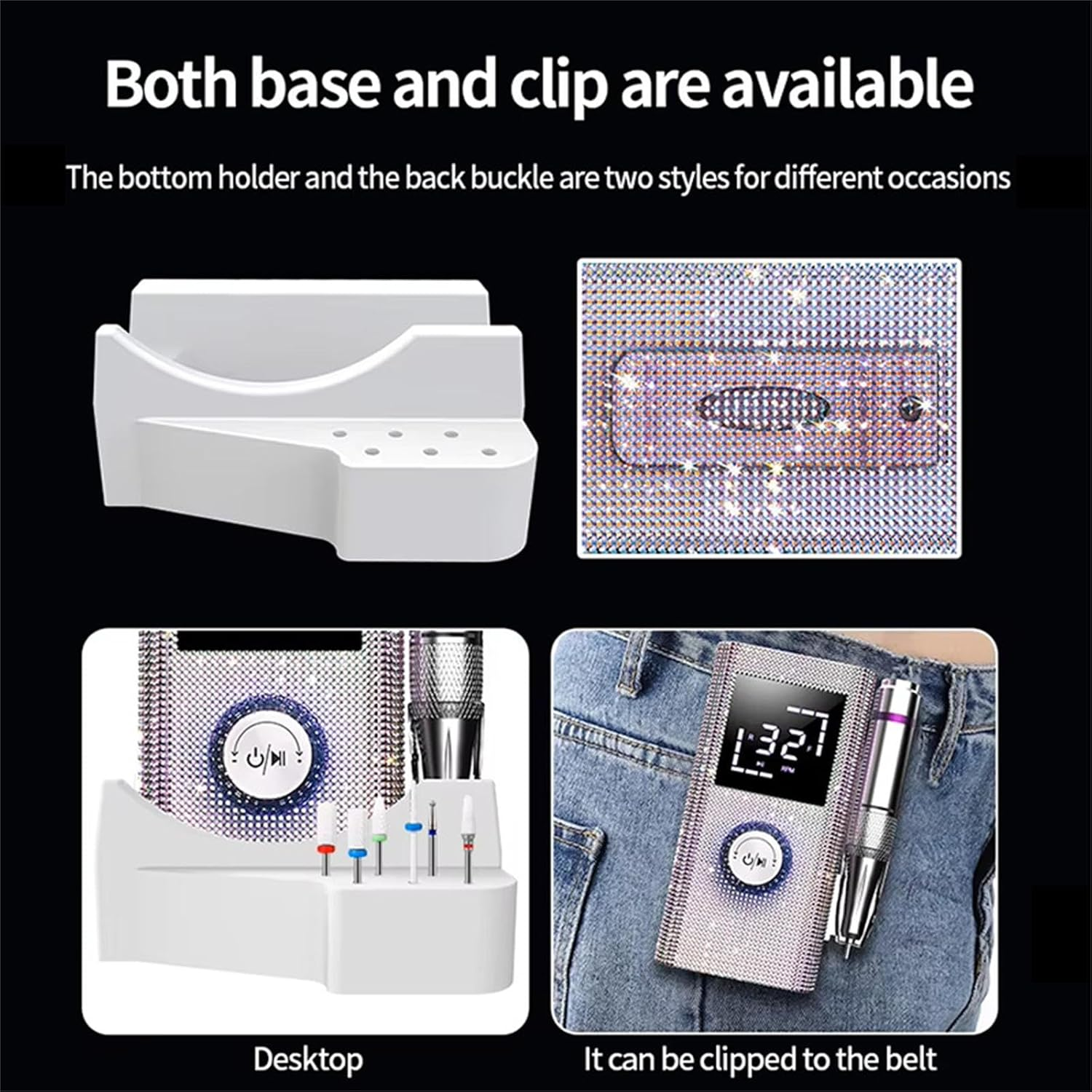 Bouzaak 45000RPM Electric Nail Drill - Diamond Shiny Nail File Kit with Back Clip & Base for Acrylic Gel Nail Manicure Pedicure image number 6