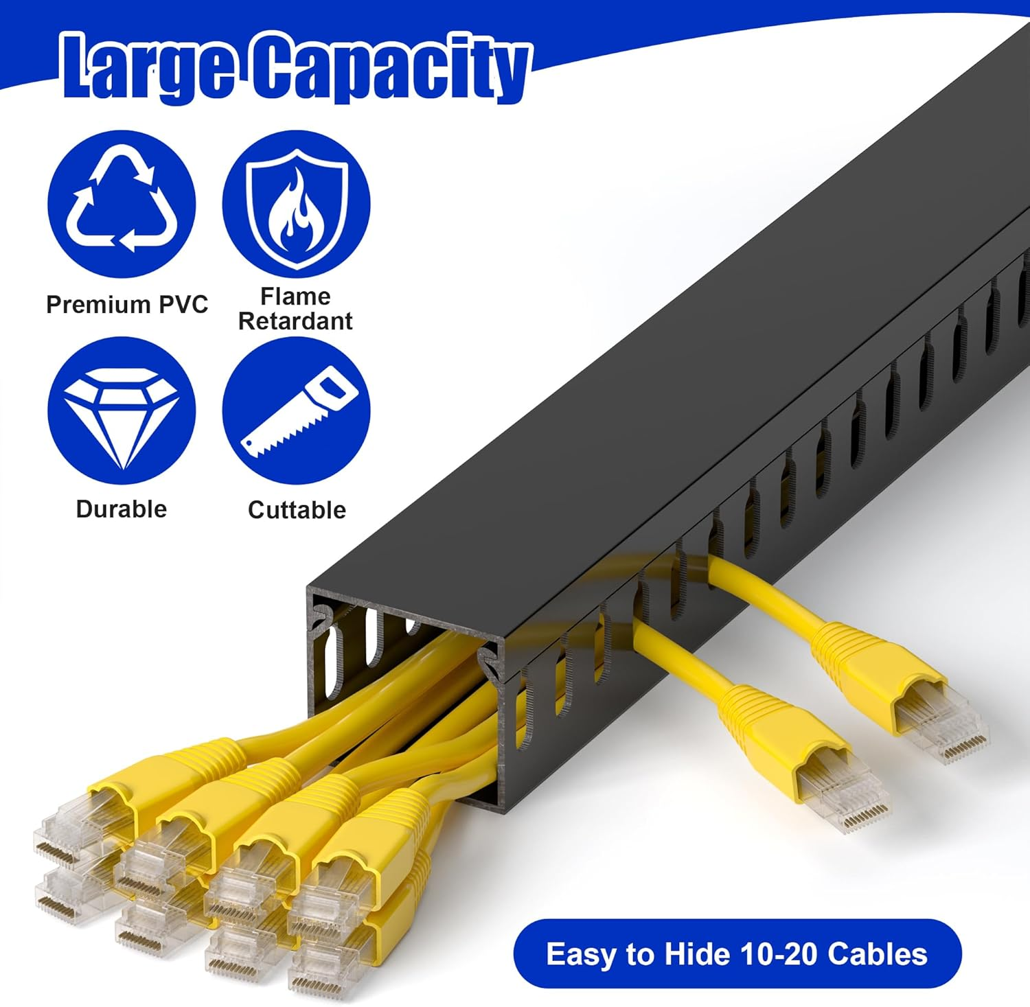 94.5In(6X L15.7In) Professional Server Rack Cable Management Raceway, H1.4 X W1.6In Cable Raceway Kit, Electrically Safe PVC Open Slot Wire Raceway for under Desk/Computer/Network Cords, Black image number 2