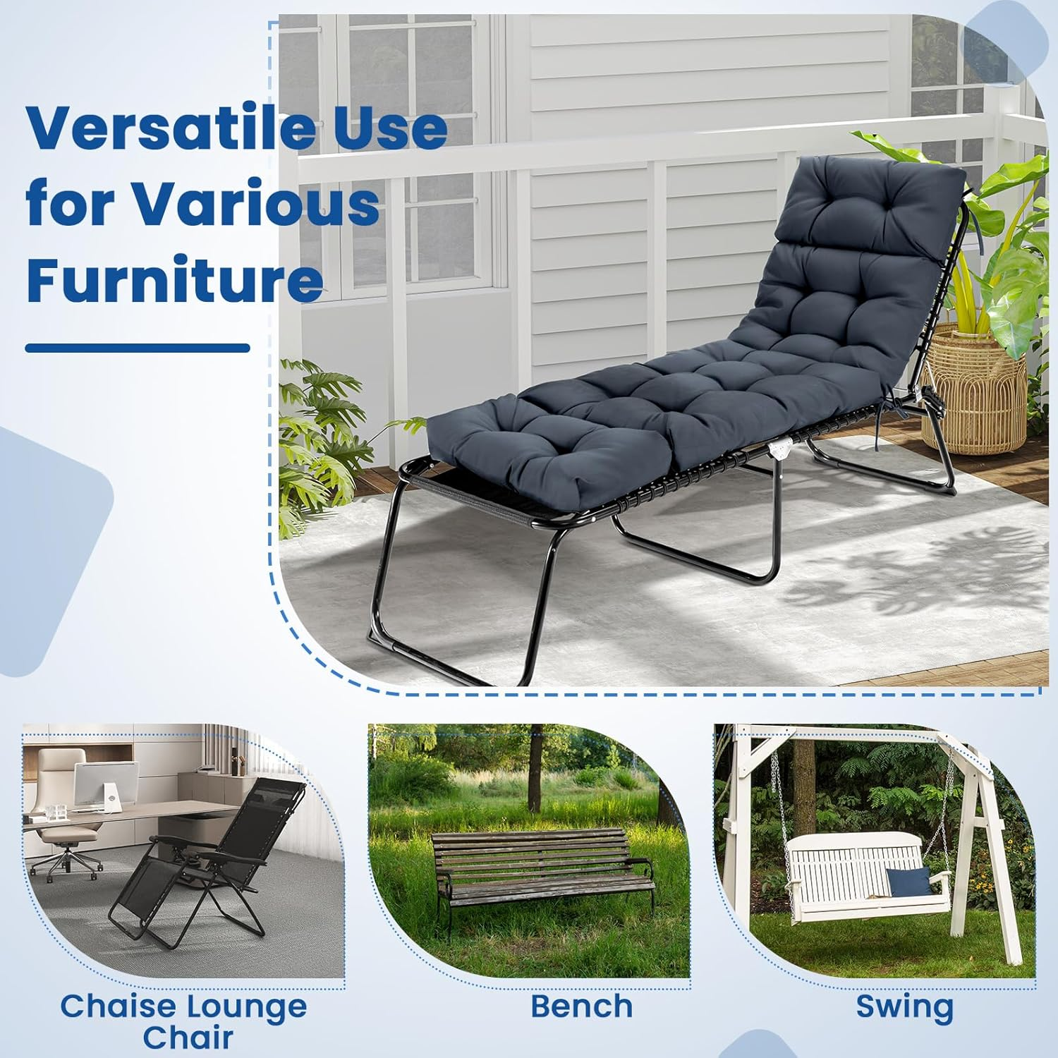 Costway Sunlounger Chair Cushion, High Back Recliner Cushion with 4 Fixing Ties, Thick Padded Reclining Chair Rocking Cushion for Outdoor Indoor (Only Cushion) (1, Grey, 186 X 56 X 11 Cm) image number 1