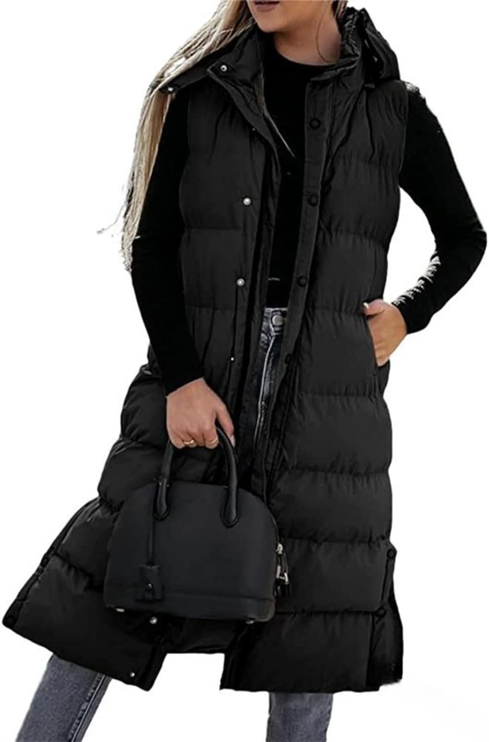 Long Puffer Vest Women, 2025 Hooded Button down Quilted Vest Women, Fashionable Versatile, Lightweight Puffy image number 4