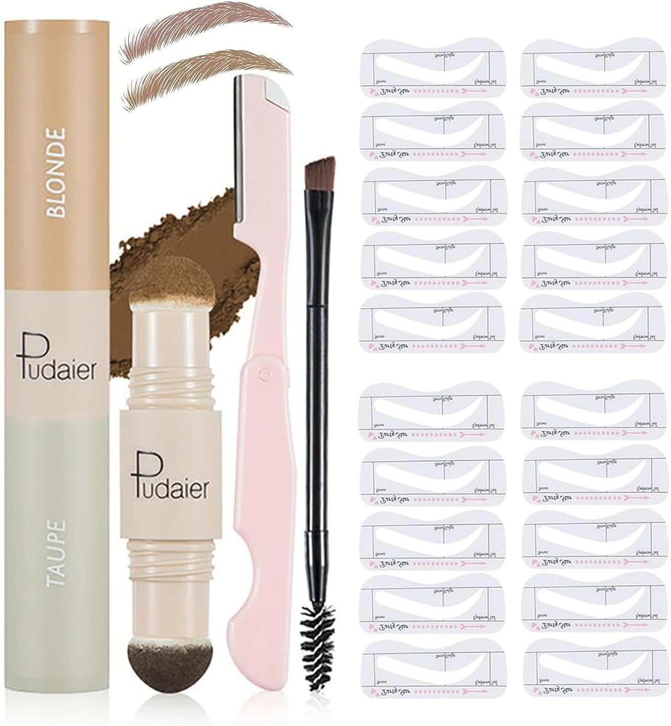 Brown and Medium Brown Eyebrow Stamp Stencil Kit with Dual-Color Eyebrow Stamp Pomade,20 Reusable Eyebrows Stencils, Brush, Razor, Waterproof Eye Brow Stamping and Shaping