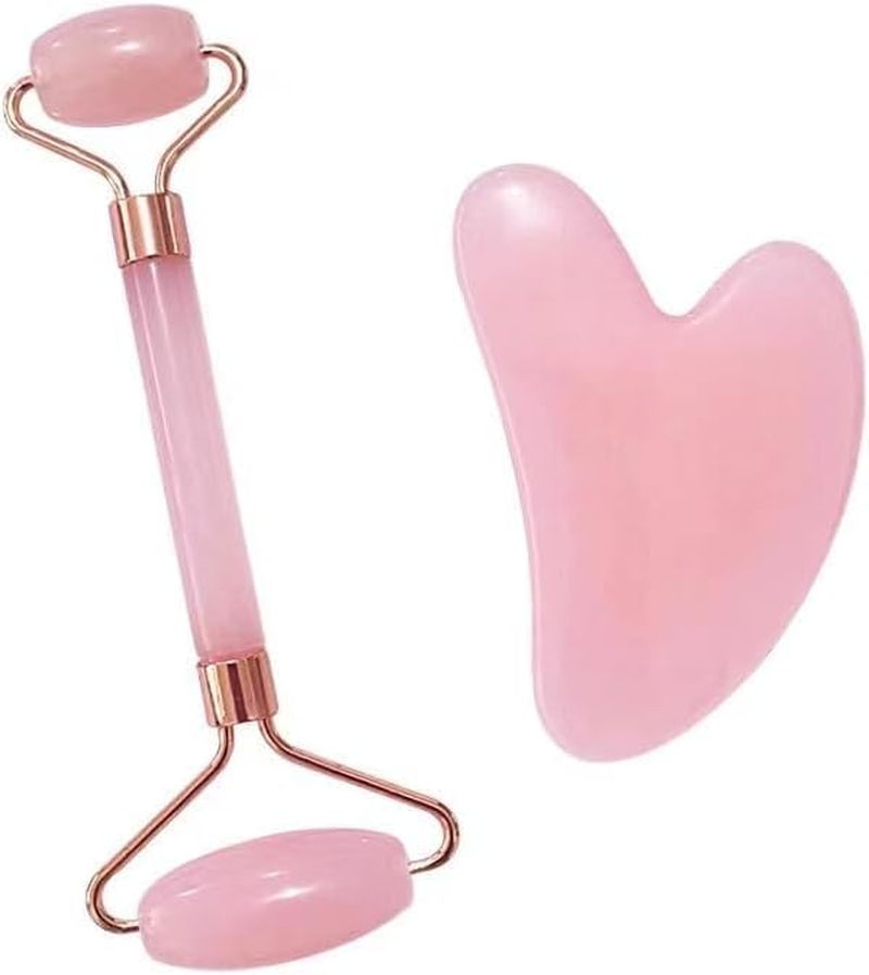 Jade Roller and Gua Sha Stone Massage Tool Set, Natural Rose Quartz Jade Face Roller Stone