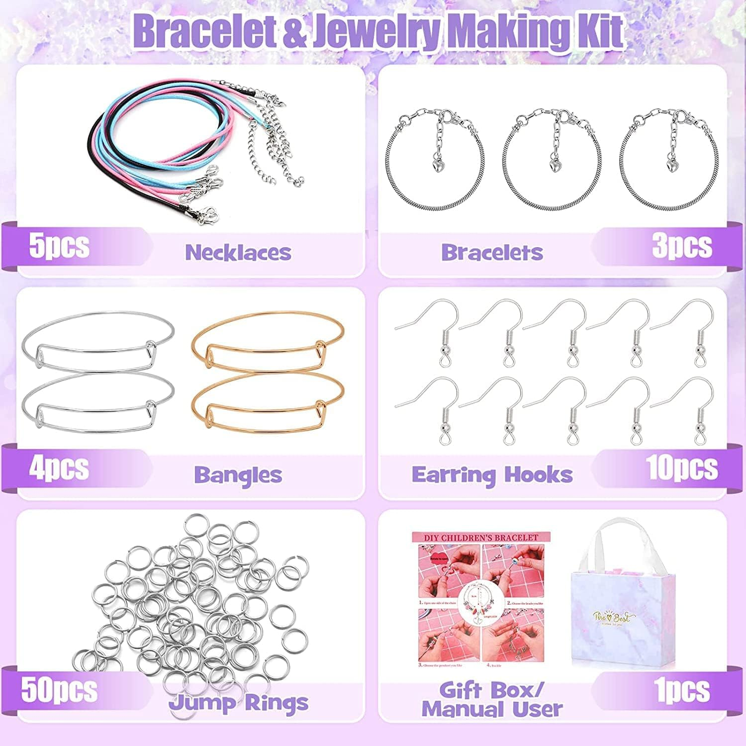 162 Pcs Charm Bracelets Kit, Necomi Jewellery Making Kit with Beads, Purple Fantasy Charm Style, Bracelet Making Kit for DIY Craft and Teen Girls Jewelry for Kids Friendship Age 6-12 image number 1