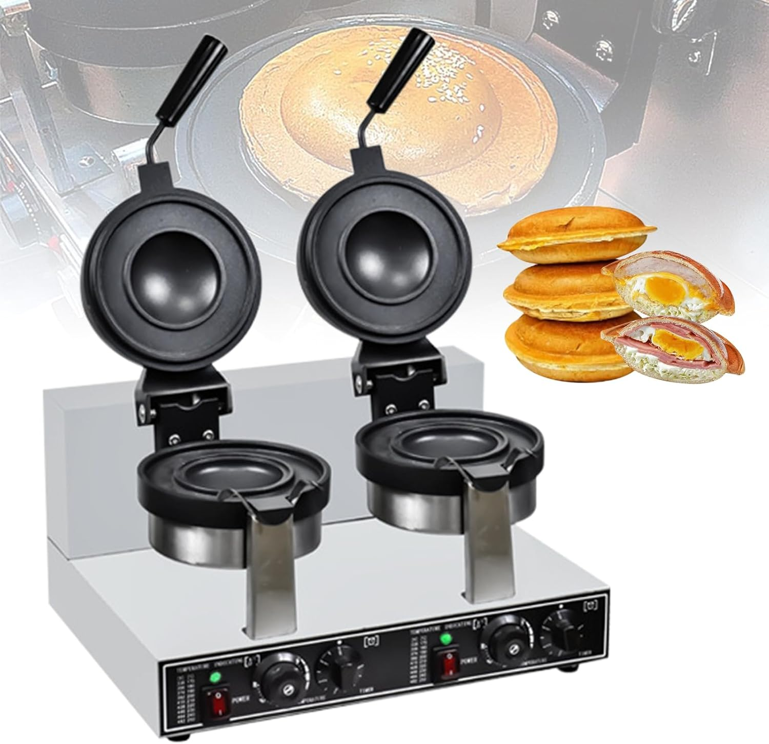 JUMEIYP Double-Head Burger Waffle Maker, Non-Stick Electric Panini Press Machine, Electric Heating Single Head Ice Cream Burger Machine, for Household or Commercial (A Style(Rotating))