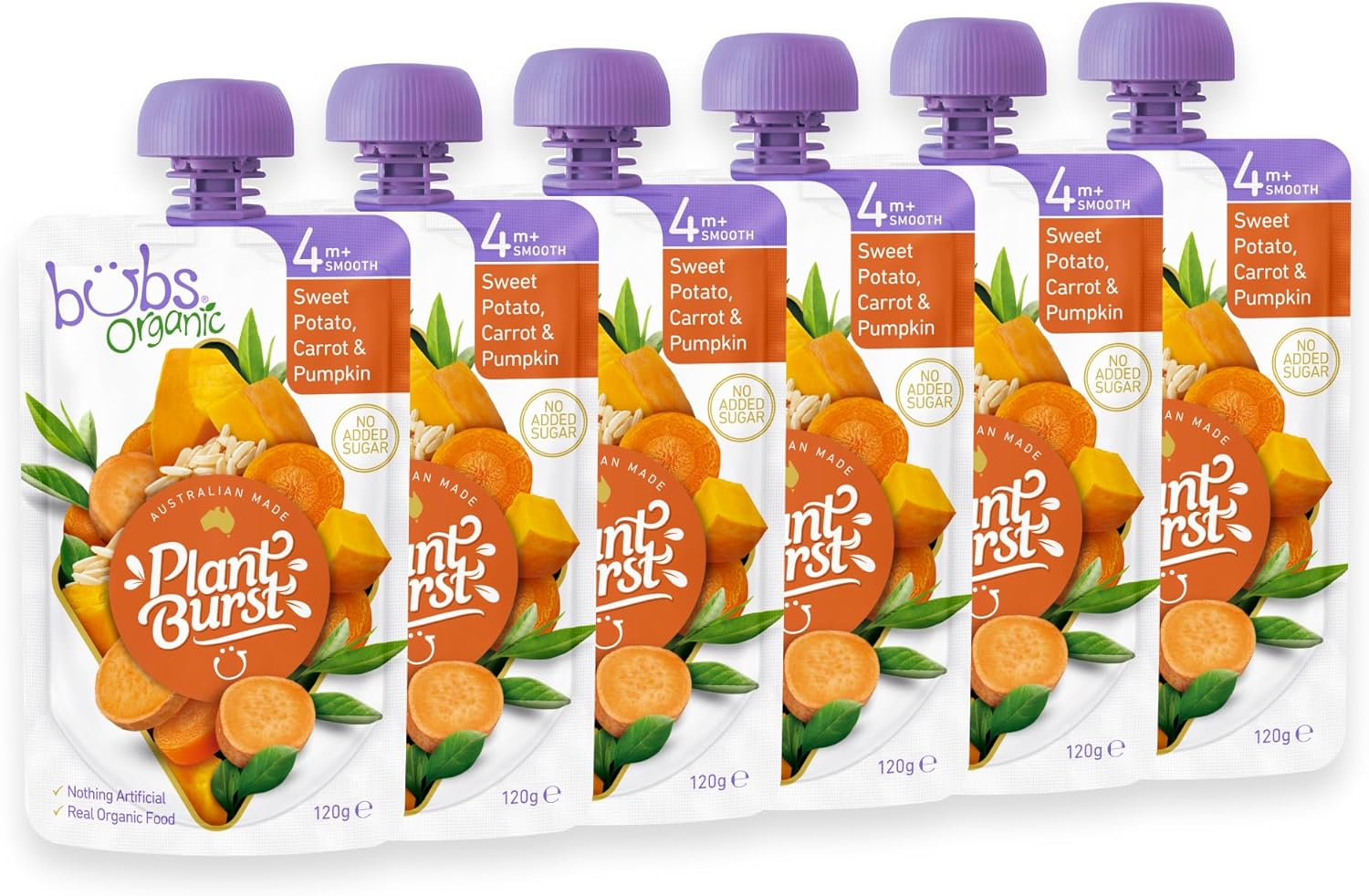 Bubs Organic Sweet Potato, Carrot & Pumpkin Pouch, 4+ Months Baby Food, Veggie Puree Snack, No Added Sugar, 120G (Pack of 6 Pouches)