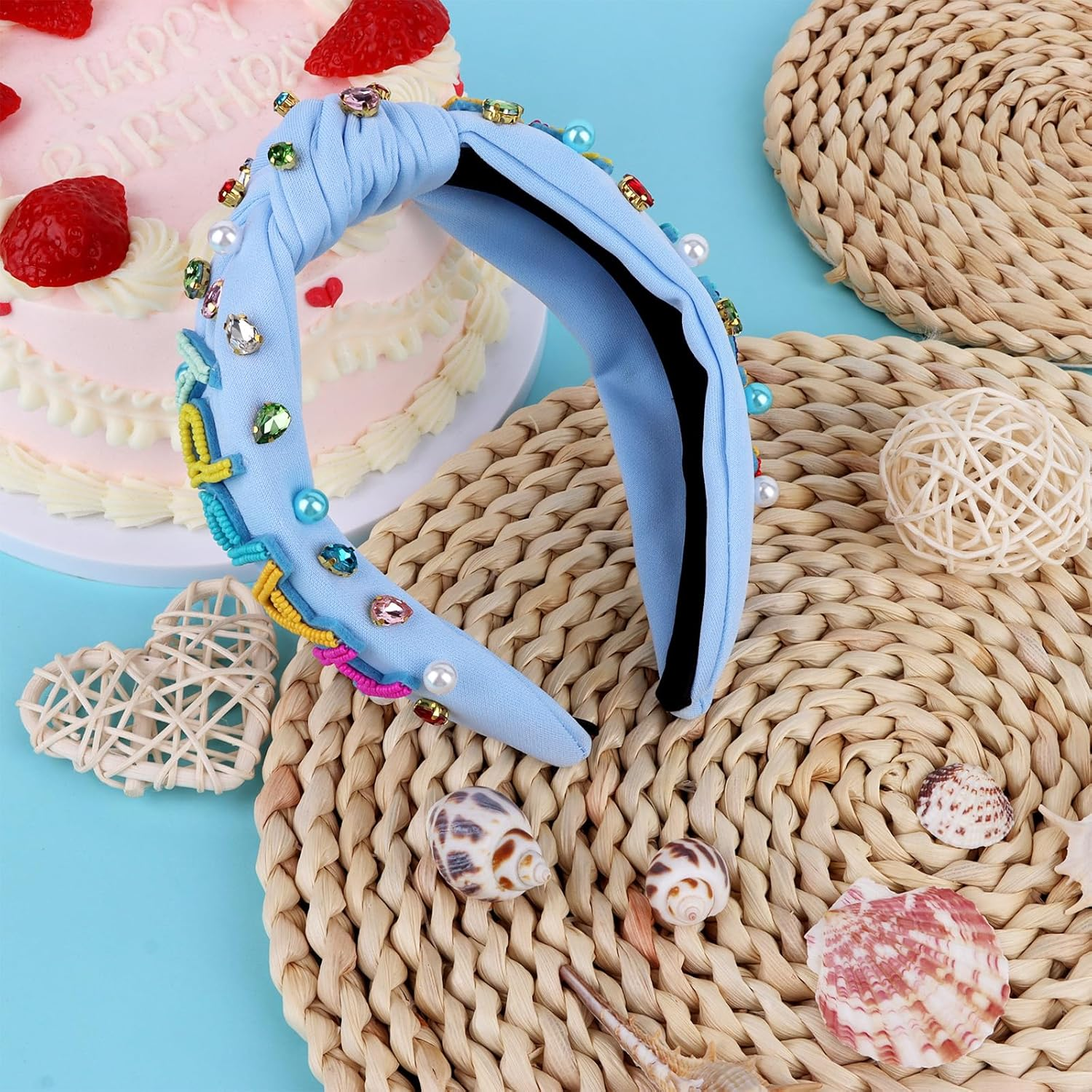 EXIPSAT Blue Birthday Crown Happy Birthday Headband, Colourful Beads & Stones Decorated Headband for Birthday Girls, Women'S Party Headpiece image number 6