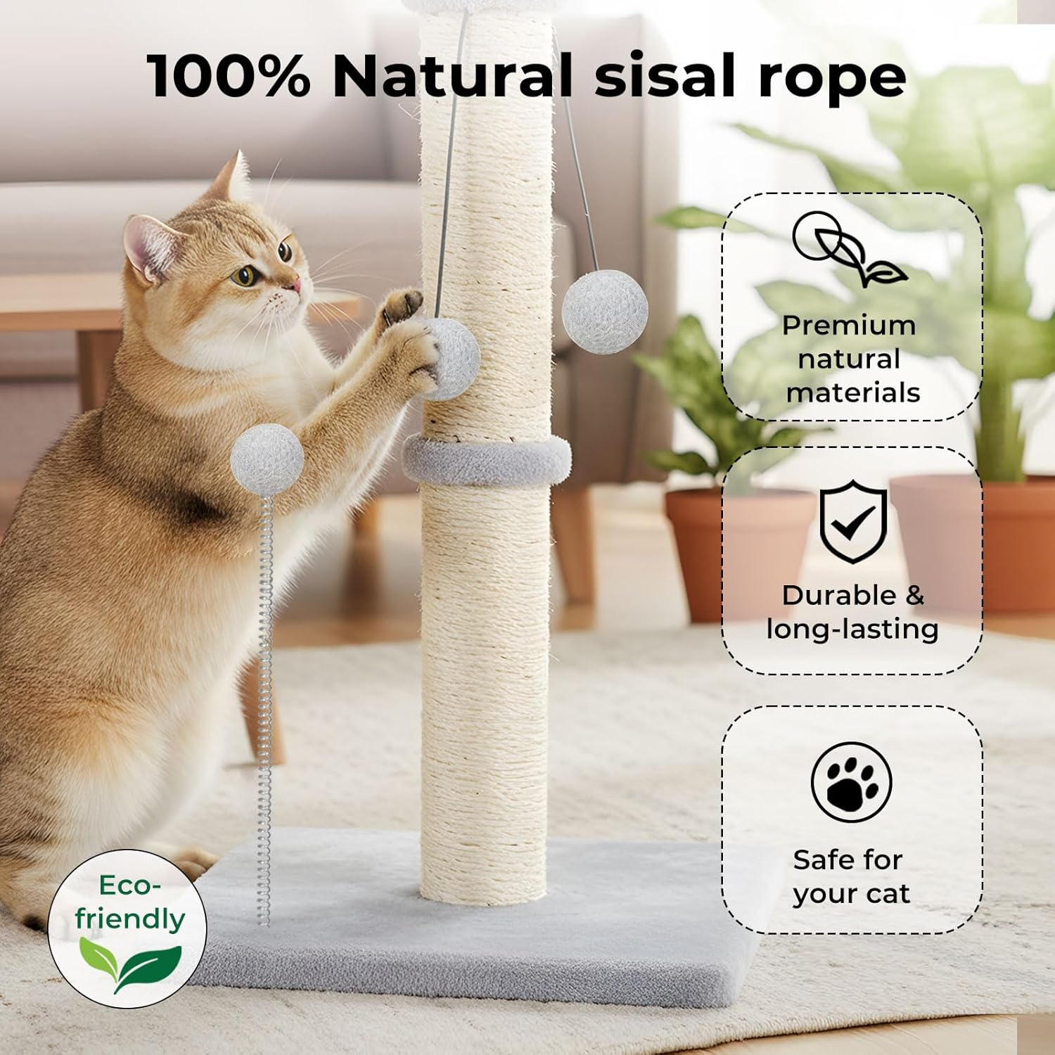 Pawz Cat Scratching Post, Cat Scratcher for Indoor Cats, Cats Scratch Post with Natural Sisal Rope, Spring Ball Toys and Stable Heavy Base, Cat Activity Play Center, Durable Furniture Protector image number 6