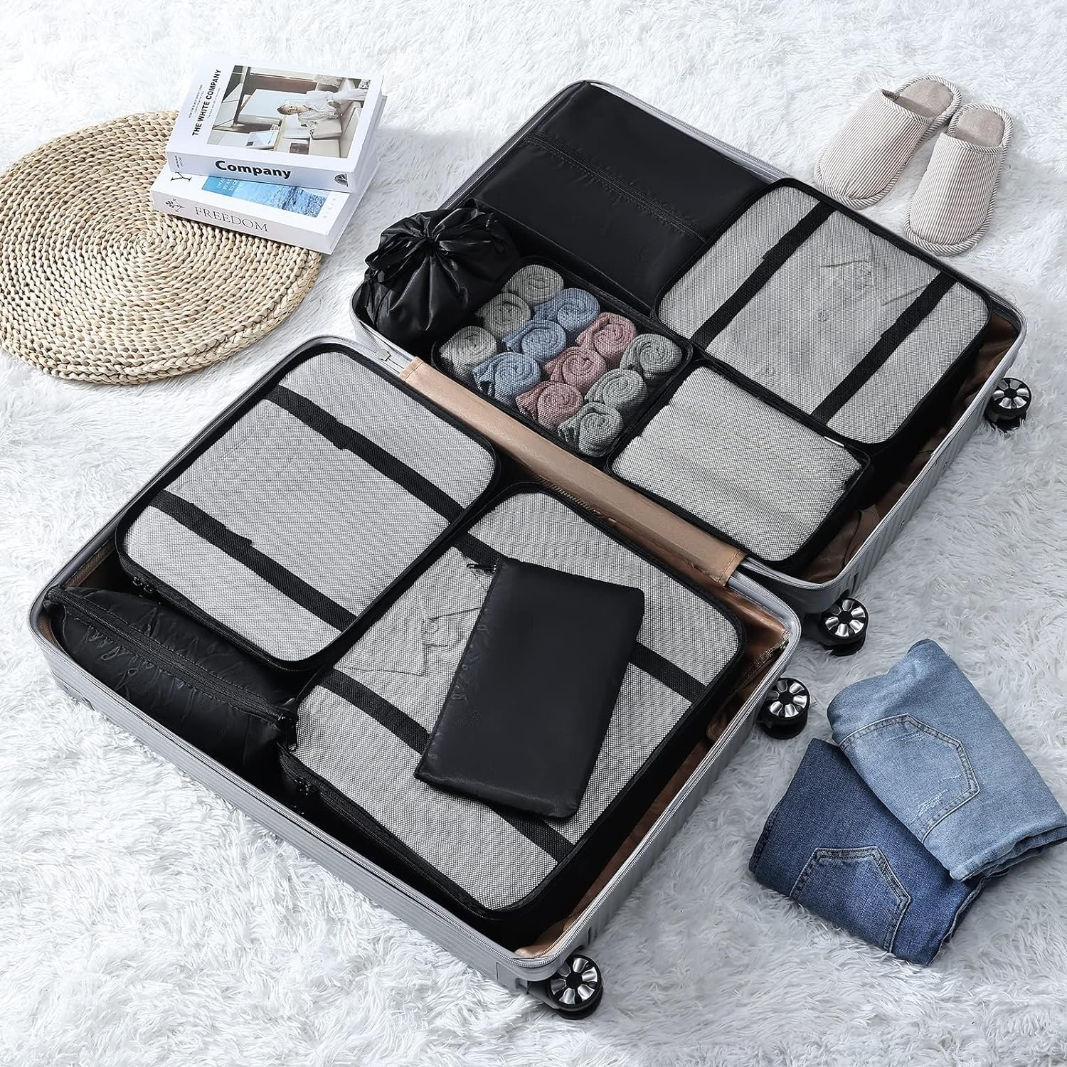 Packing Cubes, 7 Set Travel Packing Bags, Suitcase Organisers for Clothes, Travel Cubes Storage Bag Luggage Accessories (Black, Packing Cubes + Underware Bag)