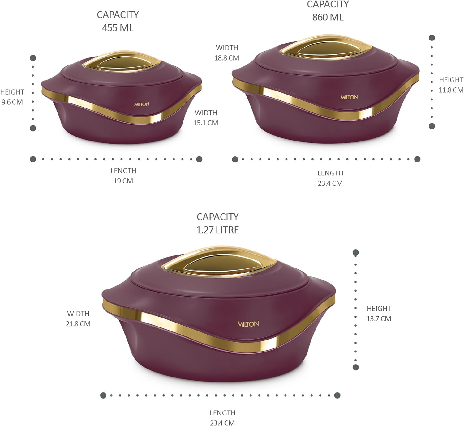Milton Casserole Double Walled Inner Stainless Steel Serving Casserole Set of 3 (860 Ml, 1.27 Litre, 1.96 Litre), PU Insulated Kitchen Hot Pot, Keeps Food Hot & Fresh for Roti,Pearl - Marron