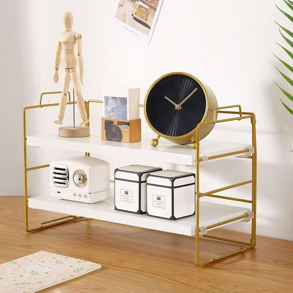 Hbluefat Desktop Organiser Shelf, 2 Tier Adjustable Computer Desk Bookshelf, Small Wood Countertop Bookcase, Dresser Tabletop Display Rack for Home Office (White+Gold)