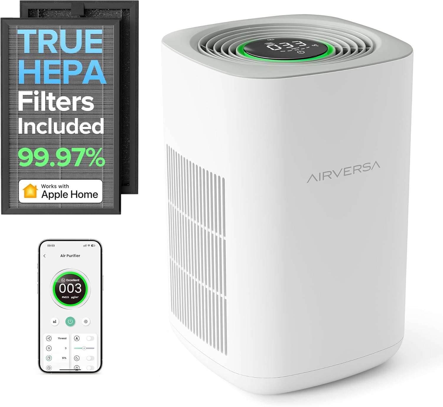 Airversa Homekit Air Purifier with Thread (Hompod Mini/Apple TV4K 2021 or Later Required) Purelle Smart Air Cleaner with 3-Stage H13 True HEPA Filter, 99,97% Efficiency CADR 221 M&sup3;/H image number 3