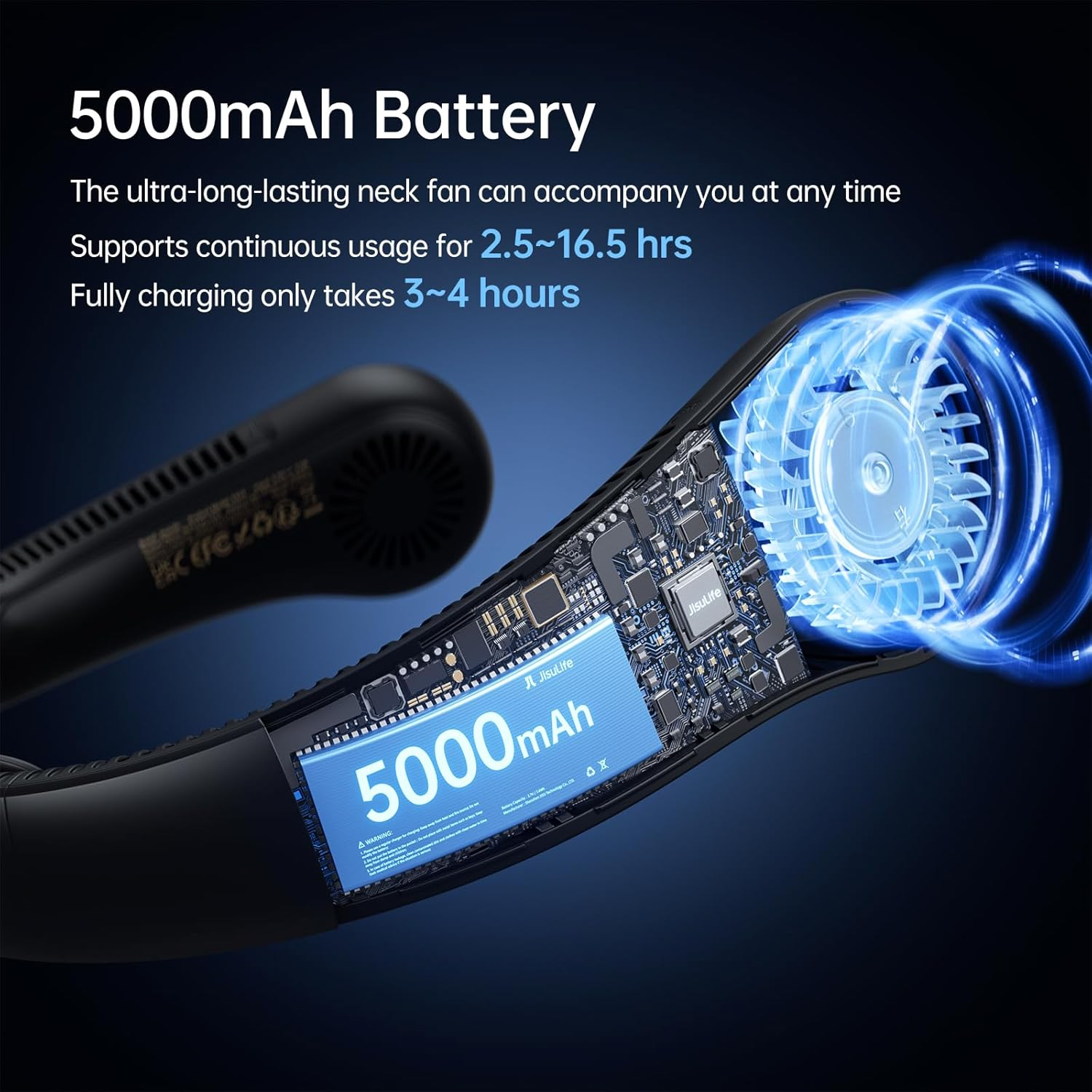 JISULIFE Portable Neck Fan Upgraded, Neckbrace Personal Hands Free, 5 Speed Gears Adjustment, 5000 Mah Wearable Bladeless Quiet Rechargeable for Outdoor Indoor, Gifts for Women Men- Black - Sunny Blue image number 3