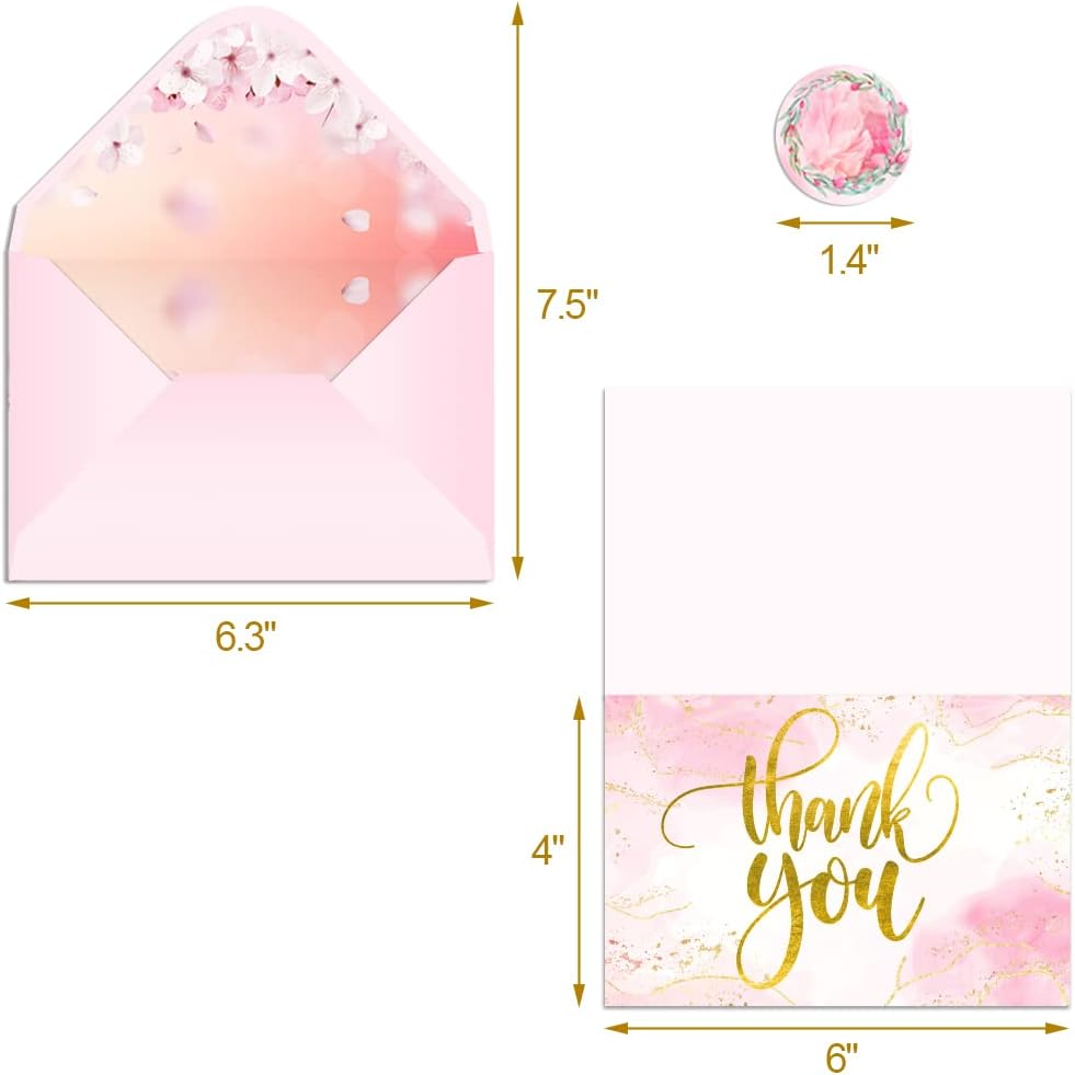 40 Marble Thank You Cards with Envelopes | Gratitude Thank You Cards Bulk | Pink and Gold Foil Thank You Notes Perfect for Girl&rsquo;S Baby Shower, Wedding & Bridal Showers | Pink Envelopes & Floral Stickers Included