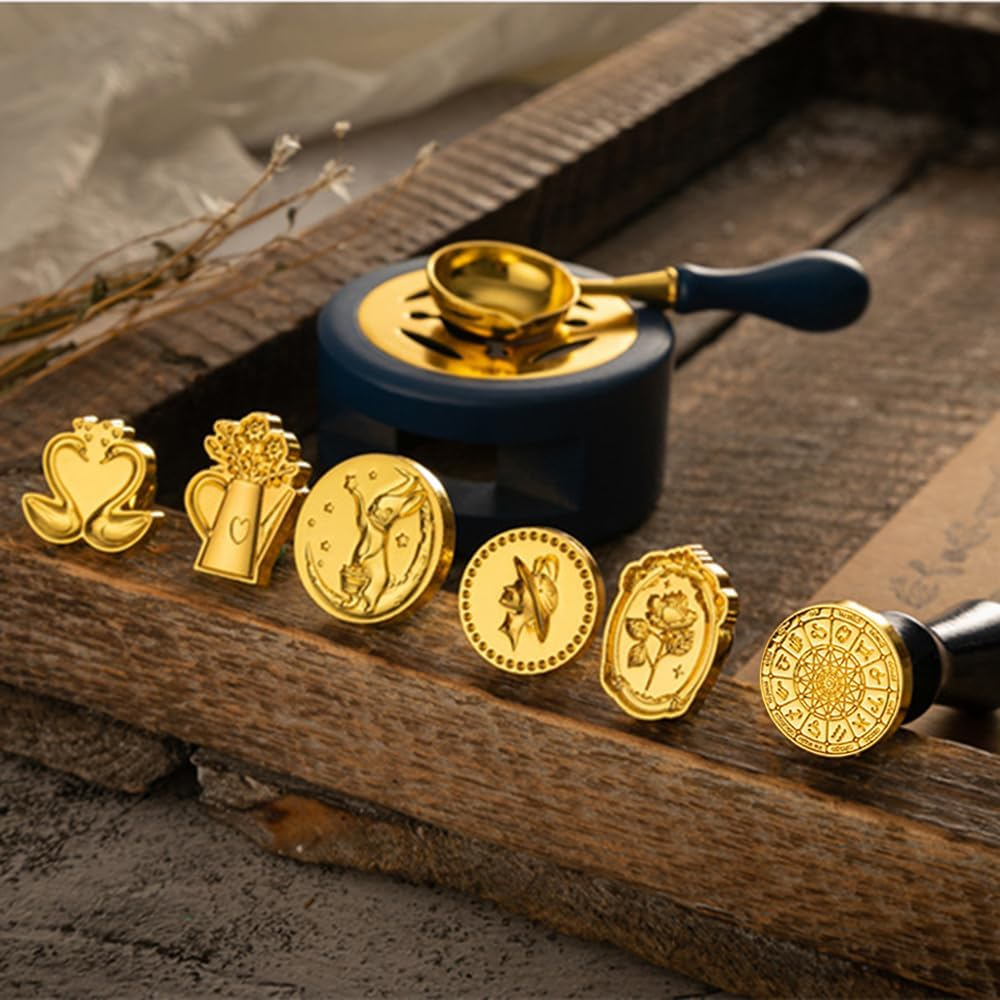 Generic Wax Seal Kit with 6Pcs Seal Stamp, Bottle of Wax Beads, Spoon, Candle, Wax Melt Warmer for Christmas Vintage Envelopes Letters Mailing Crafts Envelopes Letter Cards Wedding image number 6